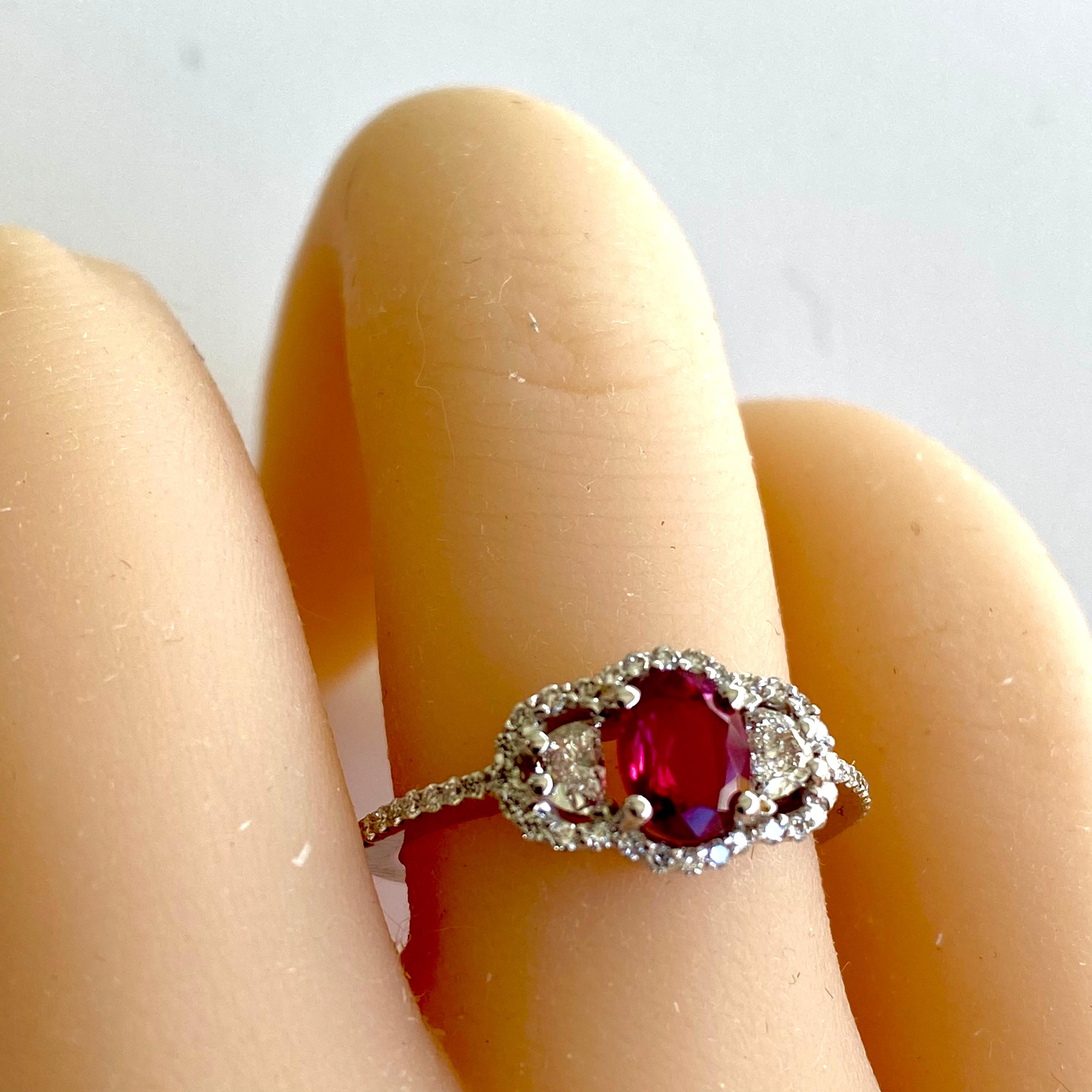 Women's Oval Burma Ruby Half Moon Diamonds 2.20 Carat Eighteen Karat White Gold Ring  For Sale
