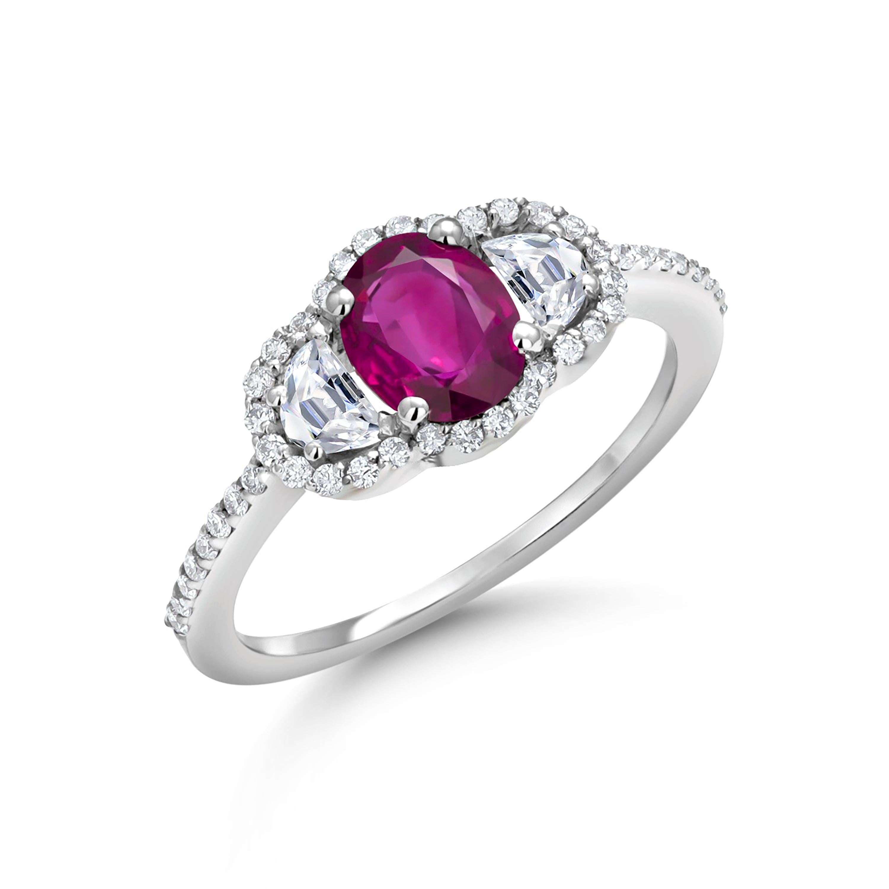 Oval Burma Ruby Half Moon Diamonds 2.20 Carat Eighteen Karat White Gold Ring  For Sale 1