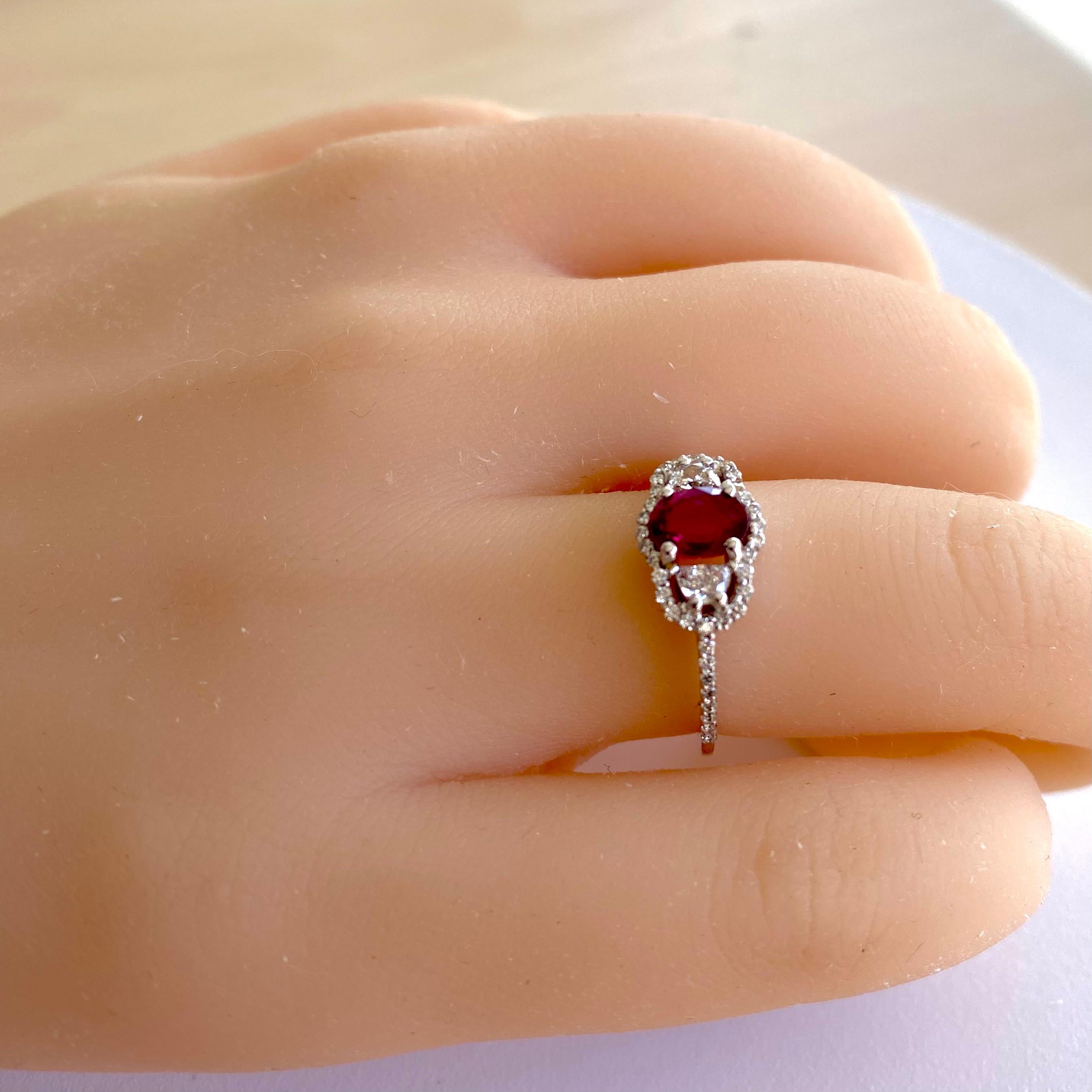 Oval Burma Ruby Half Moon Diamonds 2.20 Carat Eighteen Karat White Gold Ring  For Sale 2