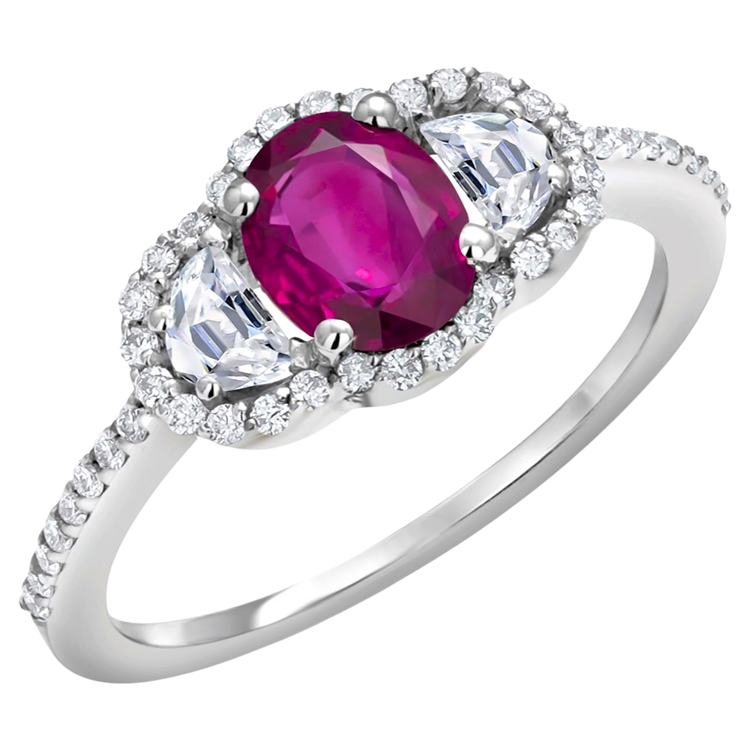 Oval Burma Ruby Half Moon Diamonds 2.20 Carat Eighteen Karat White Gold Ring  For Sale