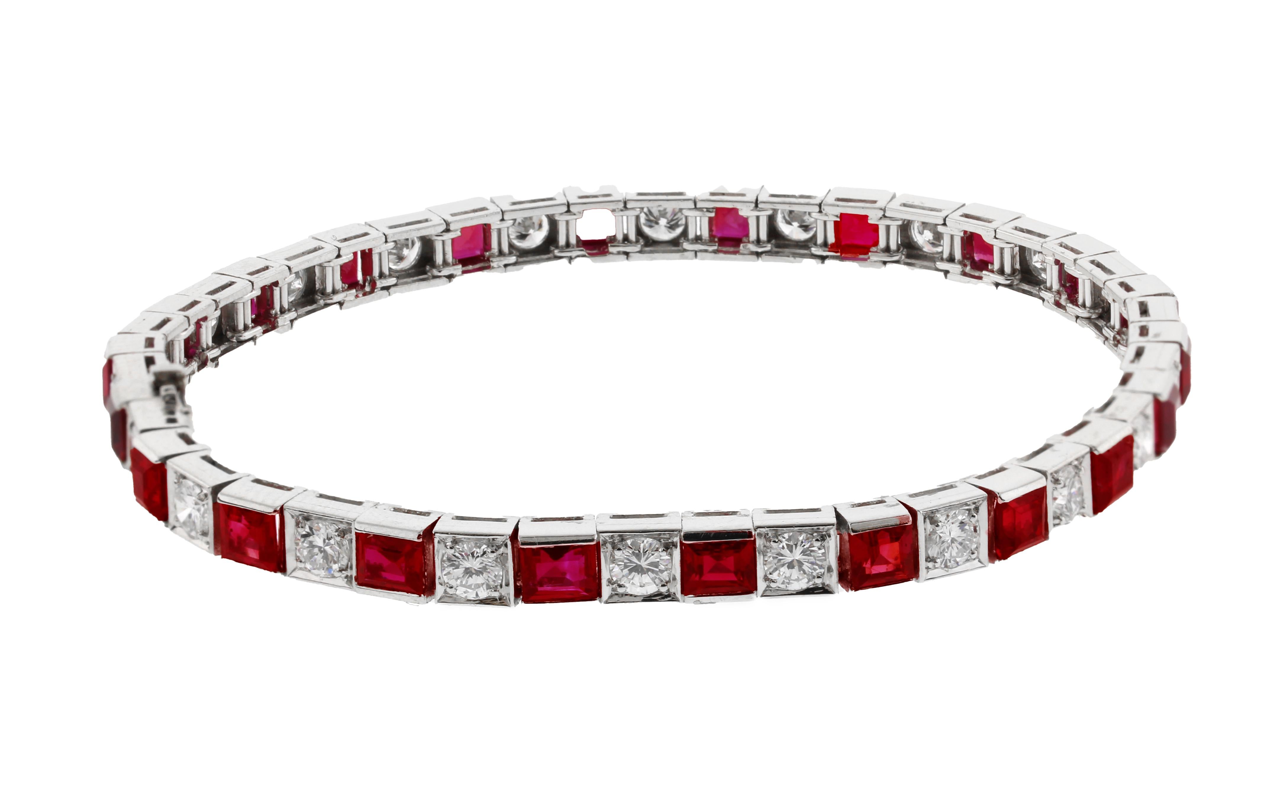 This exquisite platinum straight-line bracelet is adorned with 22 square-cut, untreated Burmese rubies, totaling approximately 6.5 carats. Each ruby radiates a vibrant red hue, characteristic of Burma's finest gemstones, with no evidence of thermal