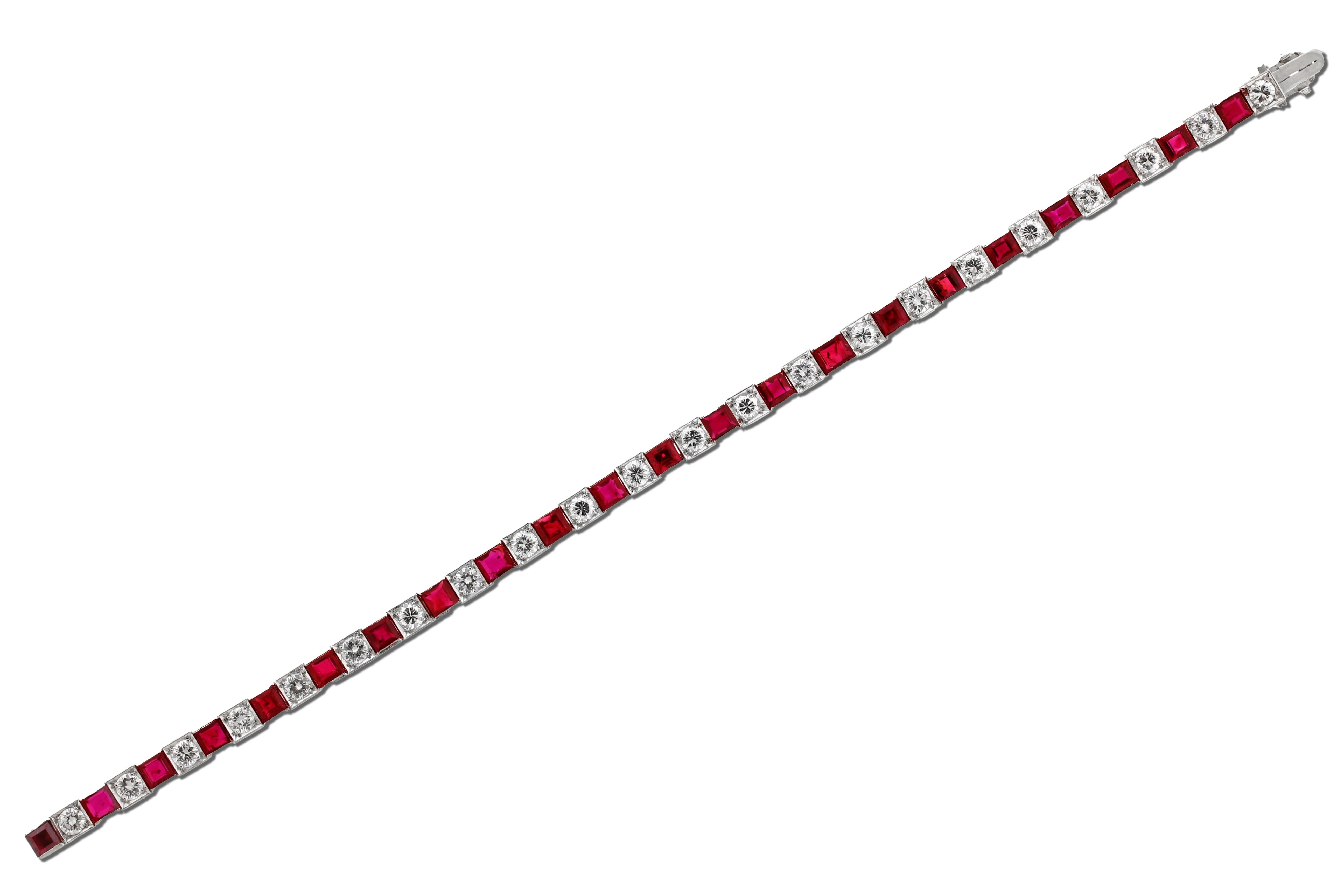 Square Cut Burma Ruby (No Heat) and Diamond Straight Line Platinum Tennis Bracelet