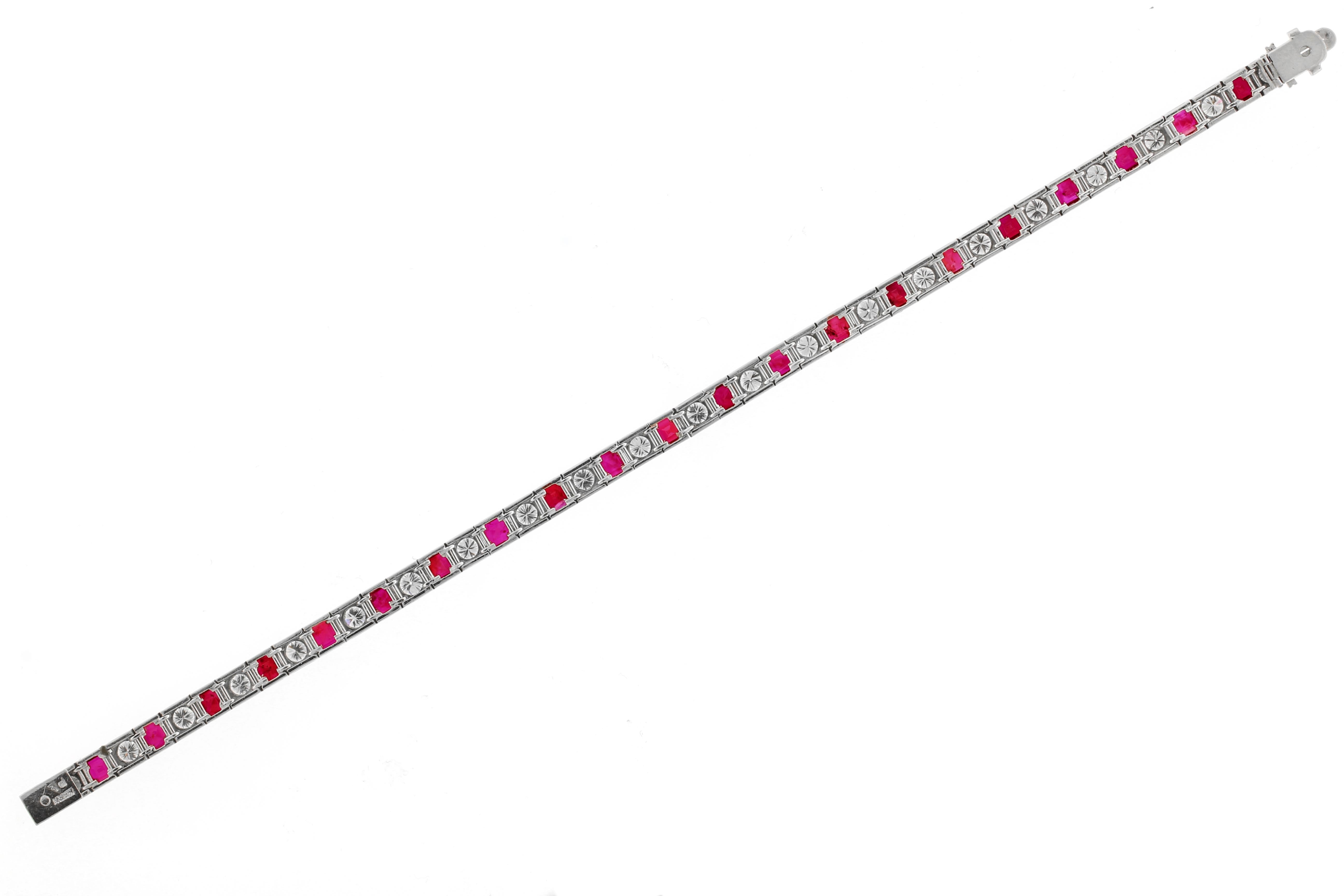 Women's or Men's Burma Ruby (No Heat) and Diamond Straight Line Platinum Tennis Bracelet