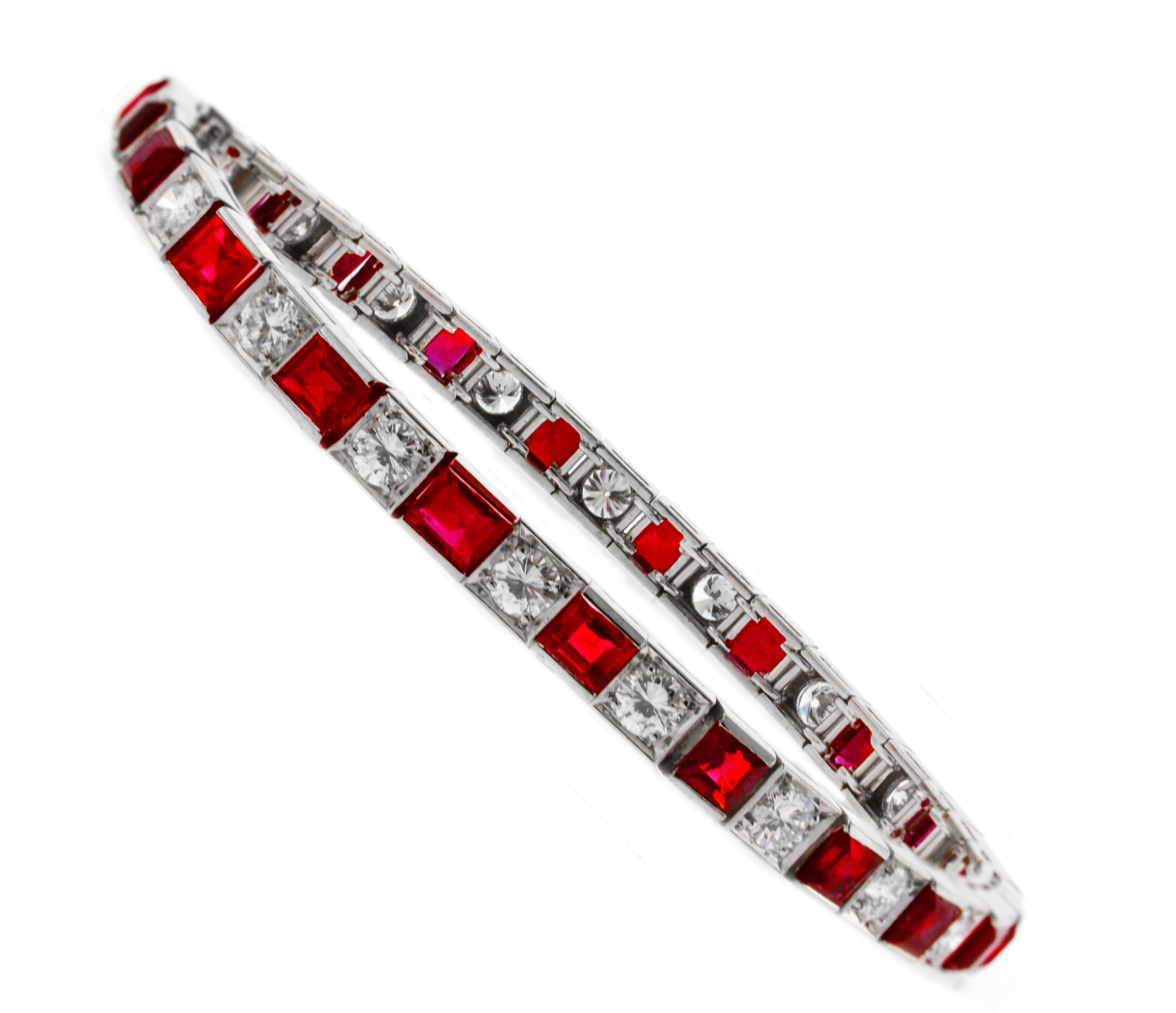 Burma Ruby (No Heat) and Diamond Straight Line Platinum Tennis Bracelet 1