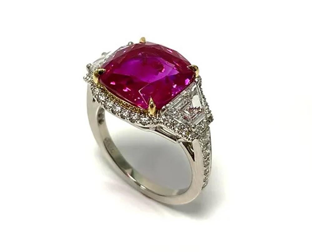 Ruby Weight: 7.16 cts, Diamond Weight: 1.8 cts, Metal: Platinum Ring/18K Yellow Gold Prongs, Shape: Cushion, Color: Vibrant Red-Pink, Hardness: 9, Origin: Burma, Birthstone: July, Treatment: No Heat/Natural