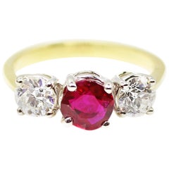 Burma Rubin alter europäischer Schliff Diamant 3-Stein-Ring