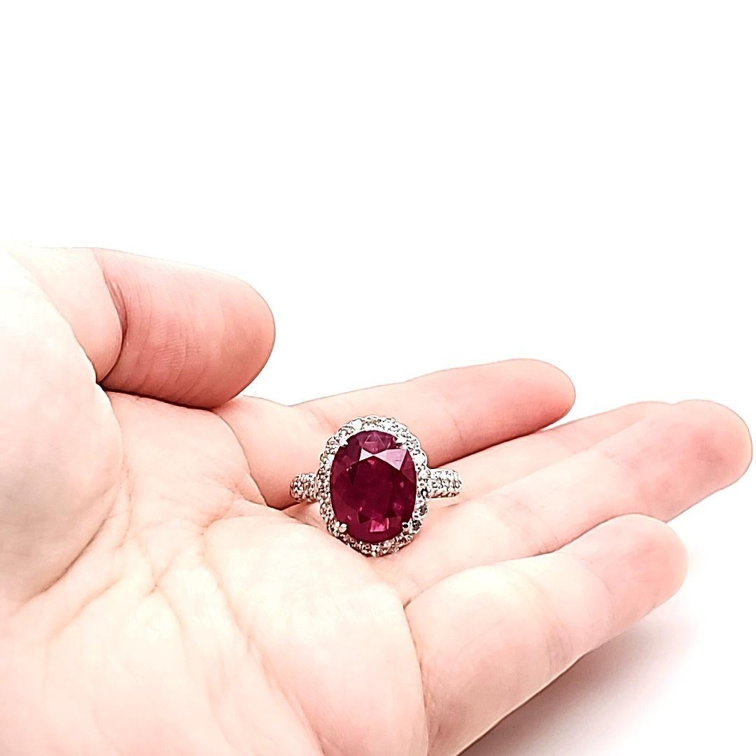 Women's or Men's Burma Ruby Oval 4 Cts Engagement Ring with Diamonds For Sale