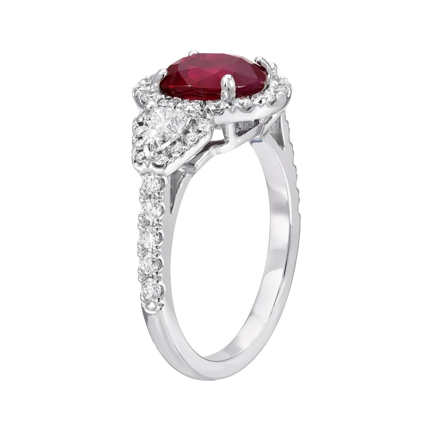AGL certified, Burma Ruby oval, weighing a total of 2.36 carats, surrounded by a total of 0.64 carat diamonds in this very special 18K white gold ring.
Size 6.25. Re-sizing is complimentary upon request.
The AGL gem certificate is attached to the