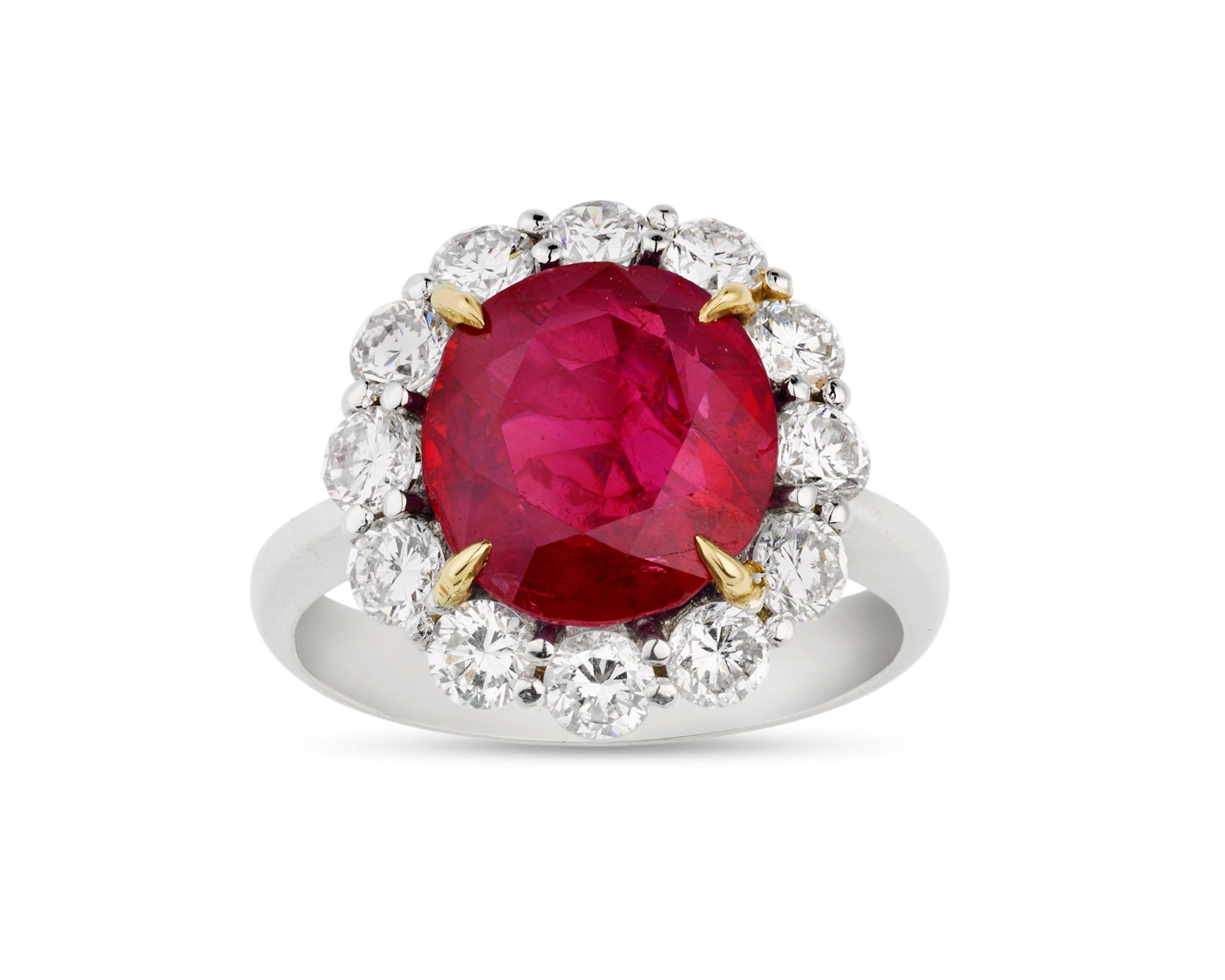 Dramatic yet classic, a 5.25-carat oval mixed-cut Burma ruby exhibits its ideal red hue in this ring. For centuries, the Burmese ruby has ranked among the most sought-after gemstones in the world, as stones that hail from these legendary mines are