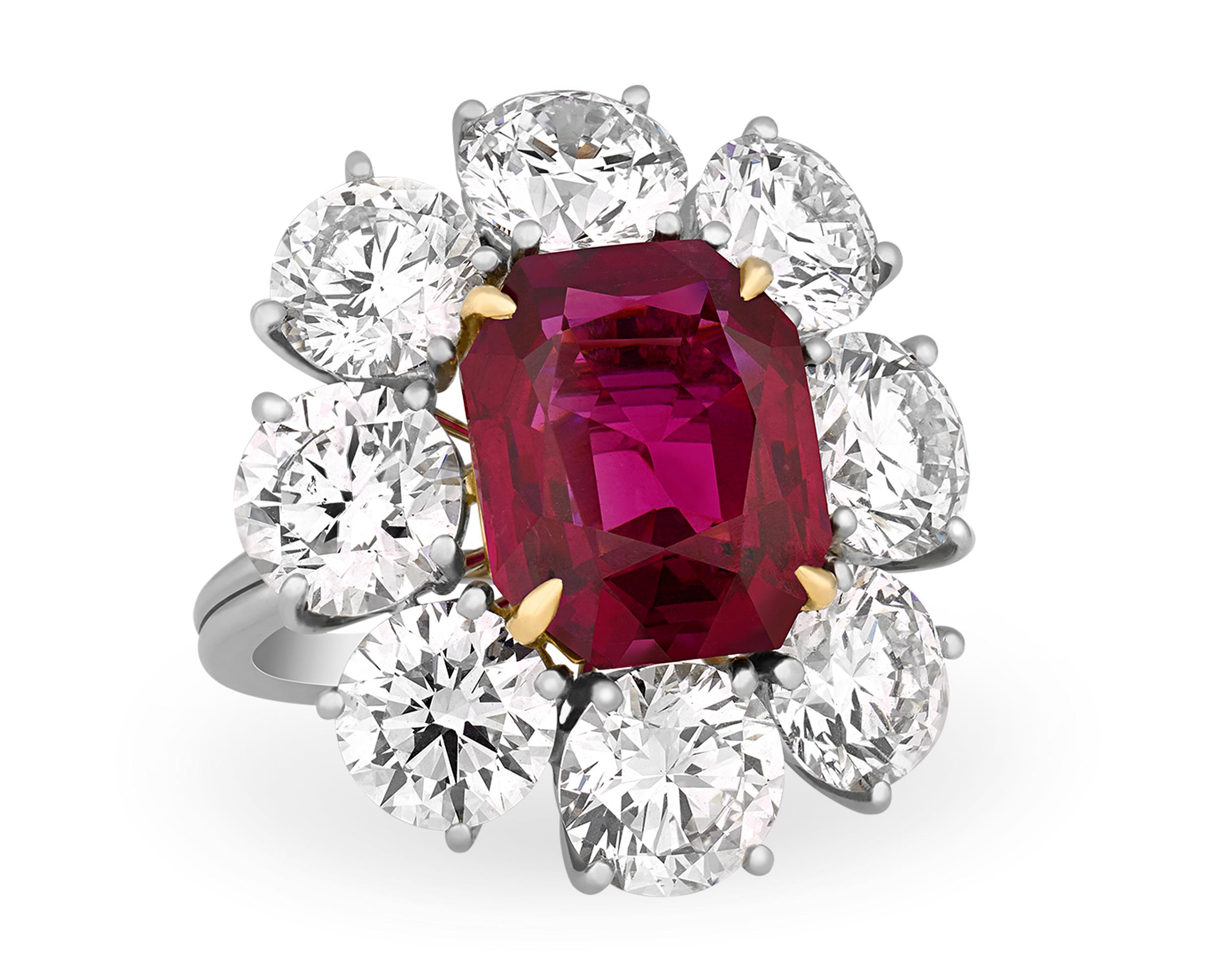 A stunning mixed-cut octagonal ruby weighing 7.37 carats lies at the center of this sophisticated ring from the renowned jewelry firm Bulgari. This gem is certified by the American Gemological Laboratories as being Burmese in origin and completely