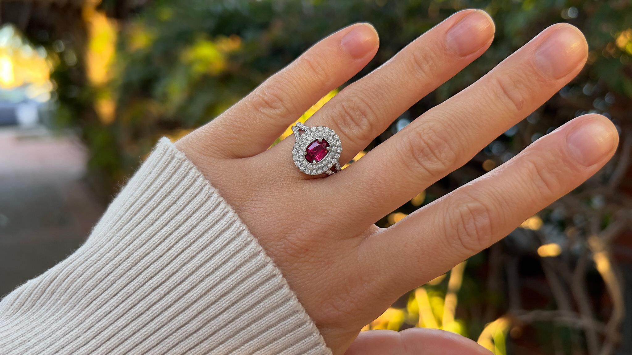 Art Deco Burma Ruby Ring With Diamonds 1.57 Carats 18K White Gold For Sale
