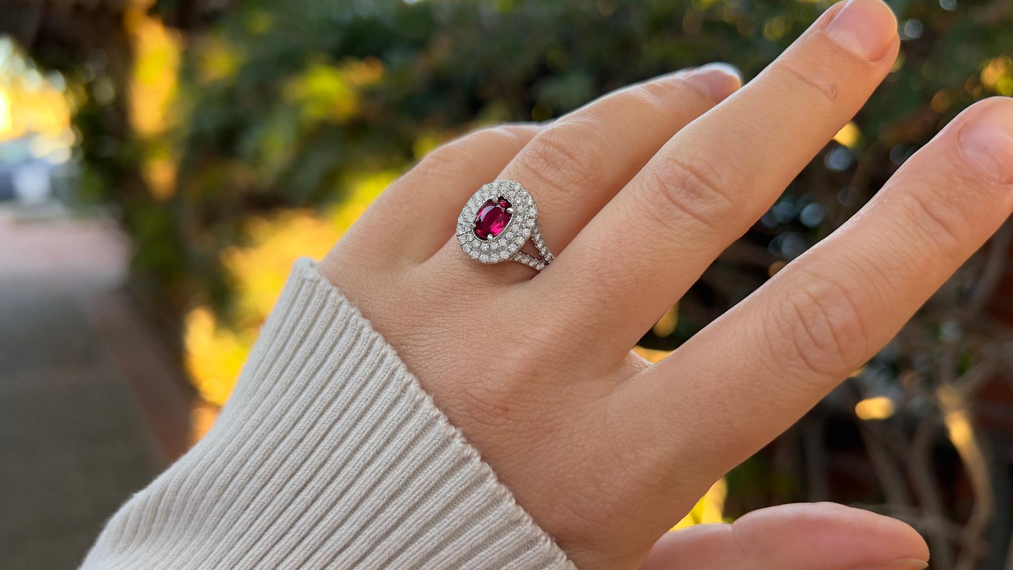 Oval Cut Burma Ruby Ring With Diamonds 1.57 Carats 18K White Gold For Sale