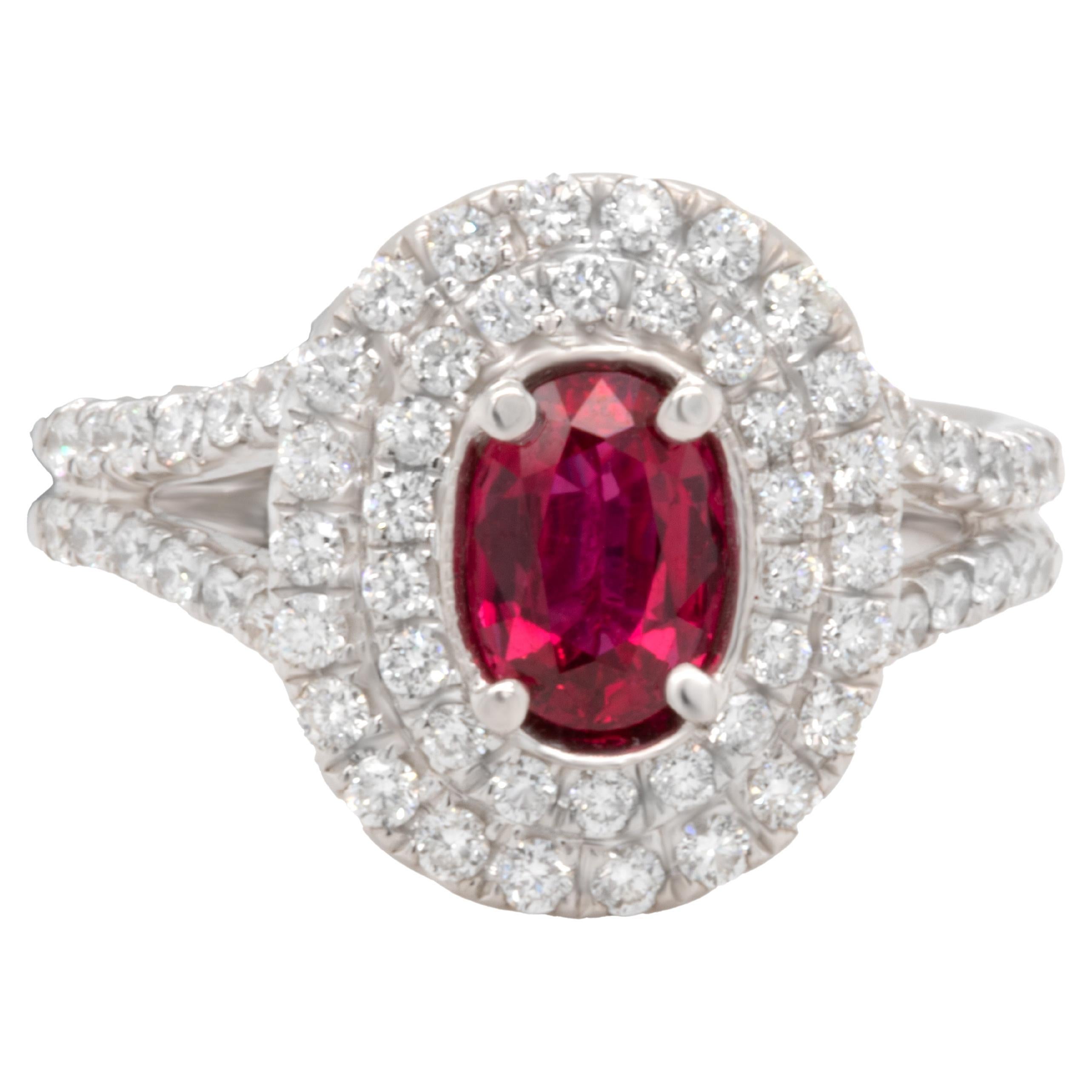 Burma Ruby Ring With Diamonds 1.57 Carats 18K White Gold