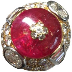 Burma Ruby Round Cabochon and Diamond Ring