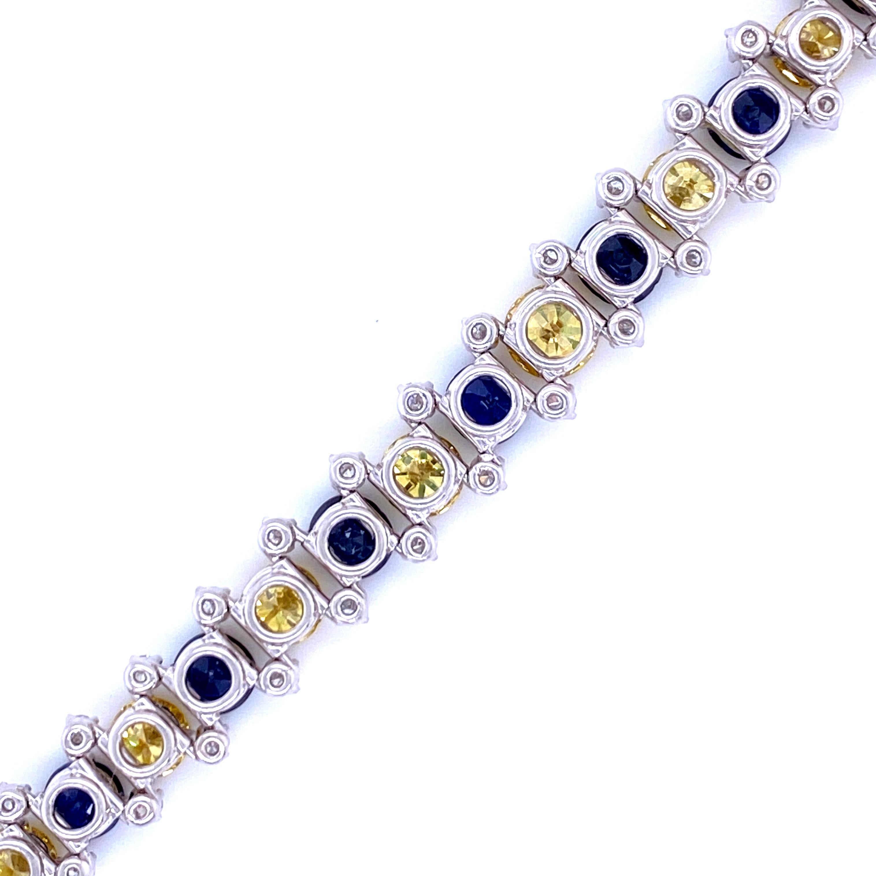 One platinum and 14 karat white gold bracelet prong set with unheated Burma sapphires approximately 7.61 carats total weight with fancy yellow diamonds approximately 6.93 carats total weight.  The bracelet measures 7 inches long and 9.5mm wide and