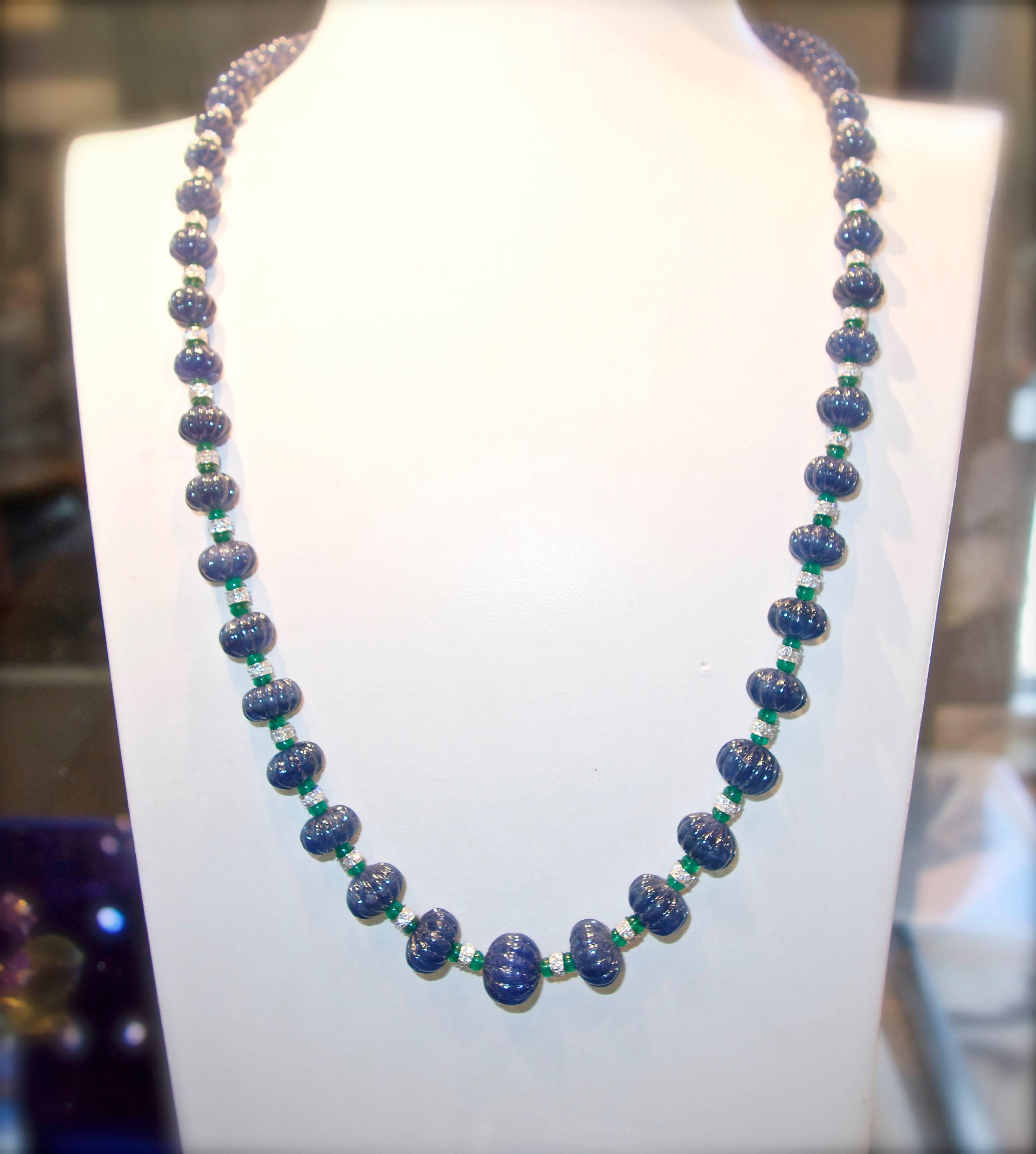  Burma Sapphire, Emerald, Diamond Necklace, Pierre/Famille In Excellent Condition In Aspen, CO