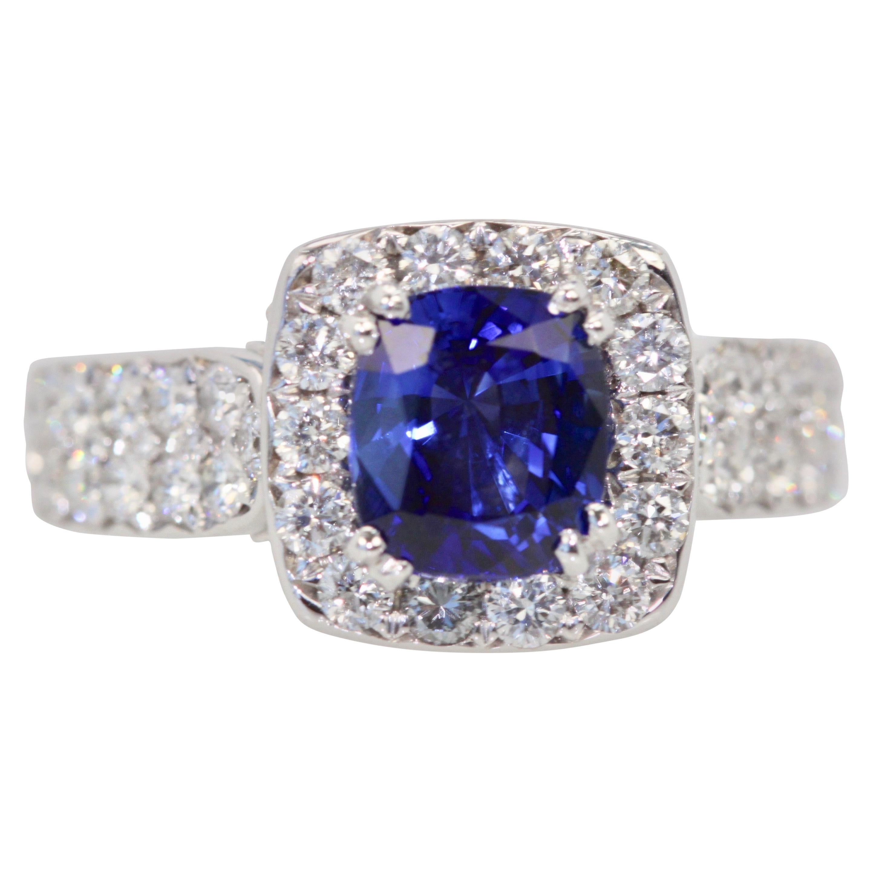 Burma Sapphire Ring with Diamond Surround 18 Karat For Sale