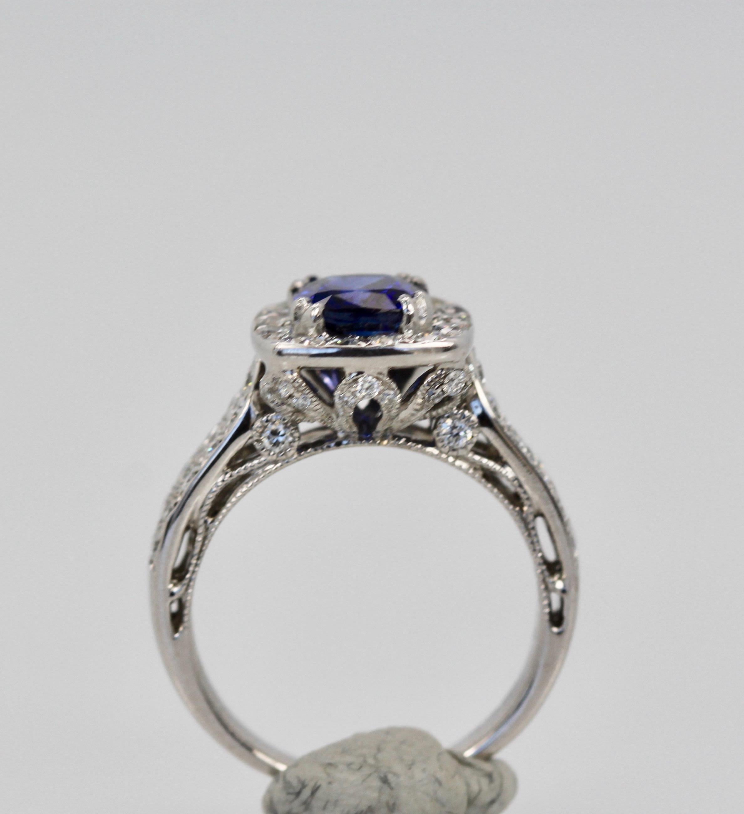 Burma Sapphire Ring with Diamond Surround 18 Karat For Sale 1