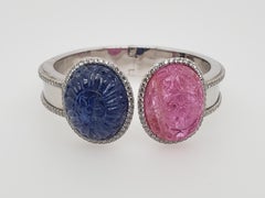 Burma Sapphire and Ruby Hand Carved with Diamond Bracelet Cuff 'Bangle'