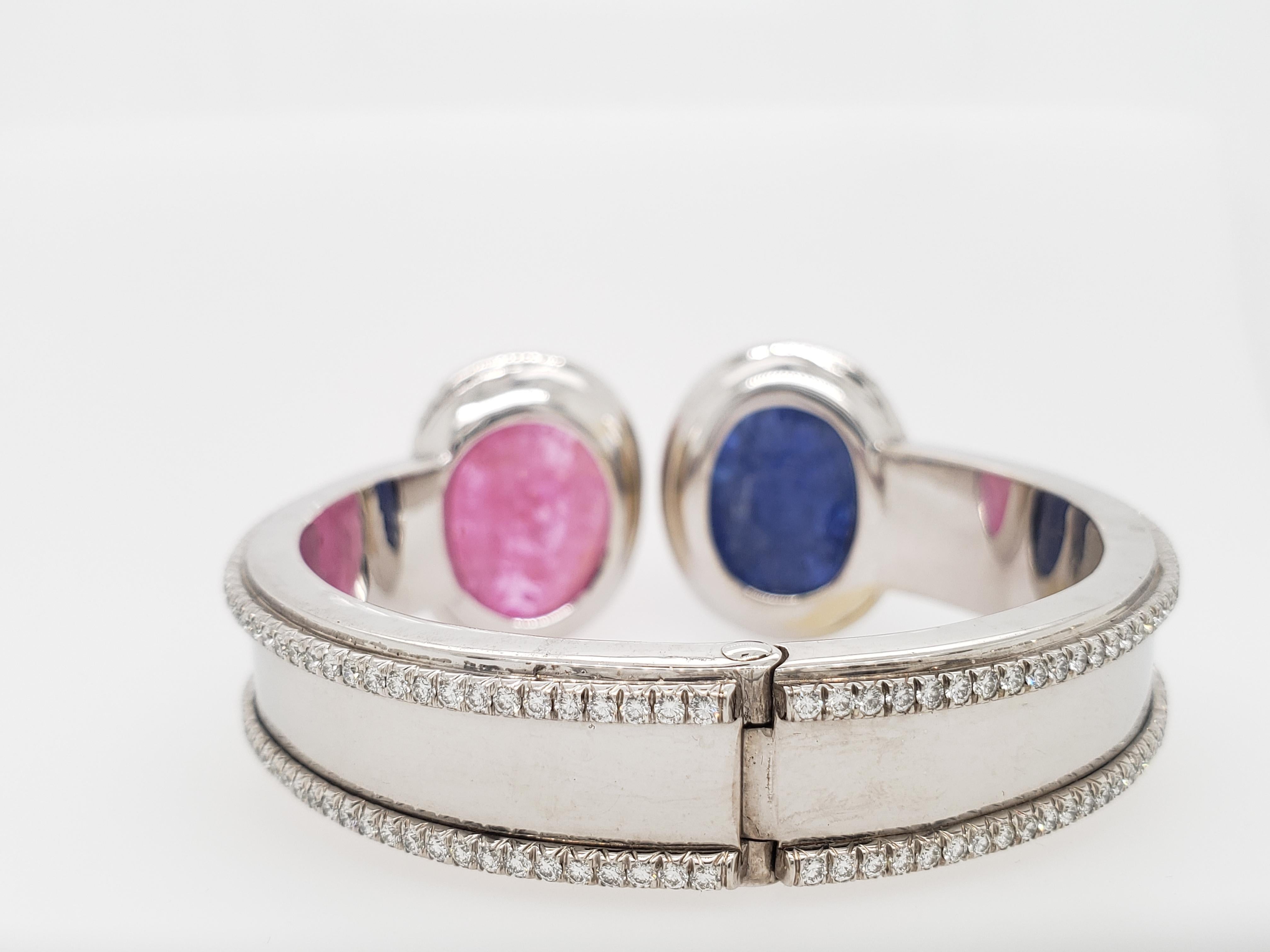 Contemporary Burma Sapphire and Ruby Hand Carved with Diamond Bracelet Cuff 'Bangle' For Sale