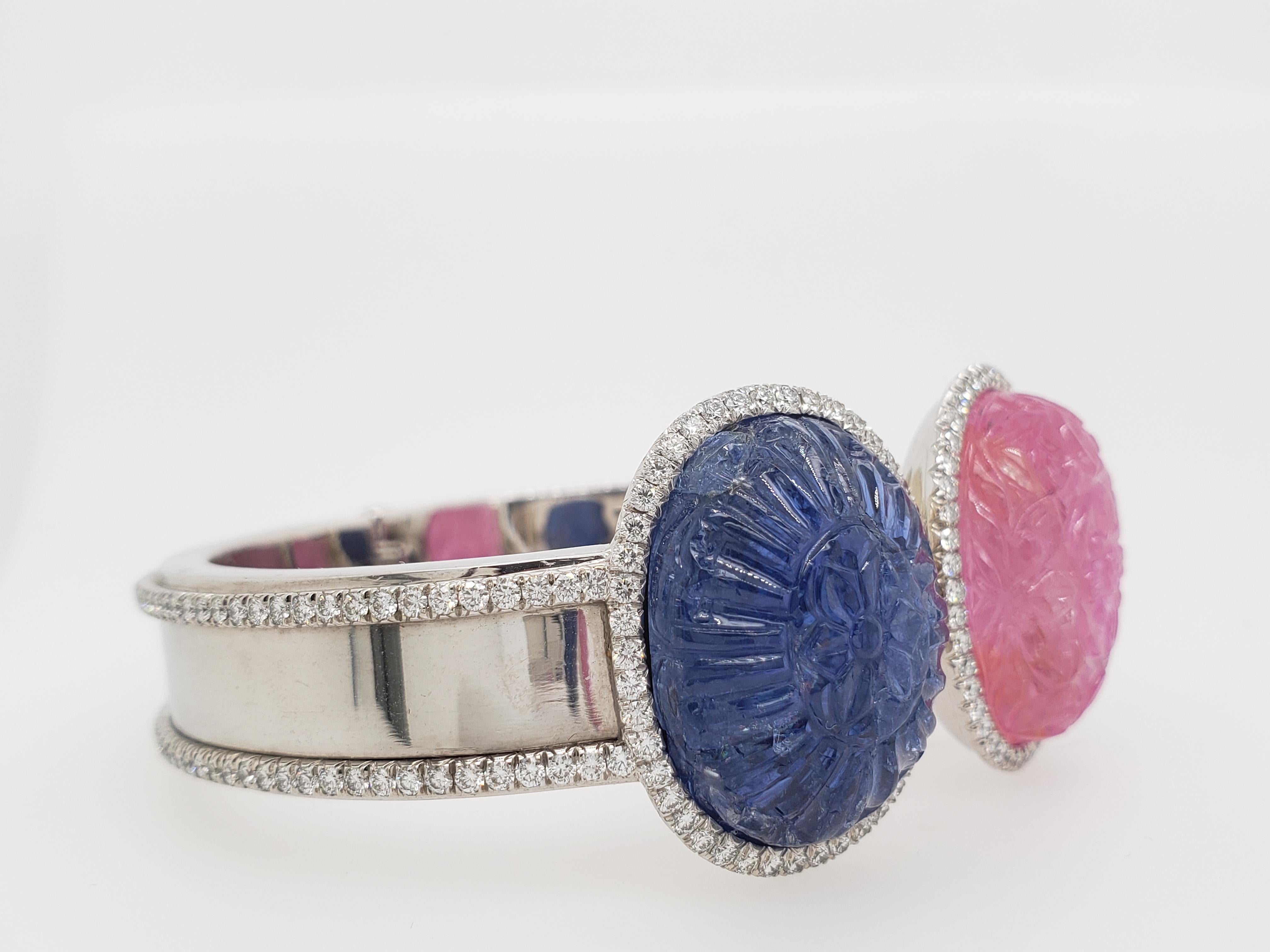 Oval Cut Burma Sapphire and Ruby Hand Carved with Diamond Bracelet Cuff 'Bangle' For Sale