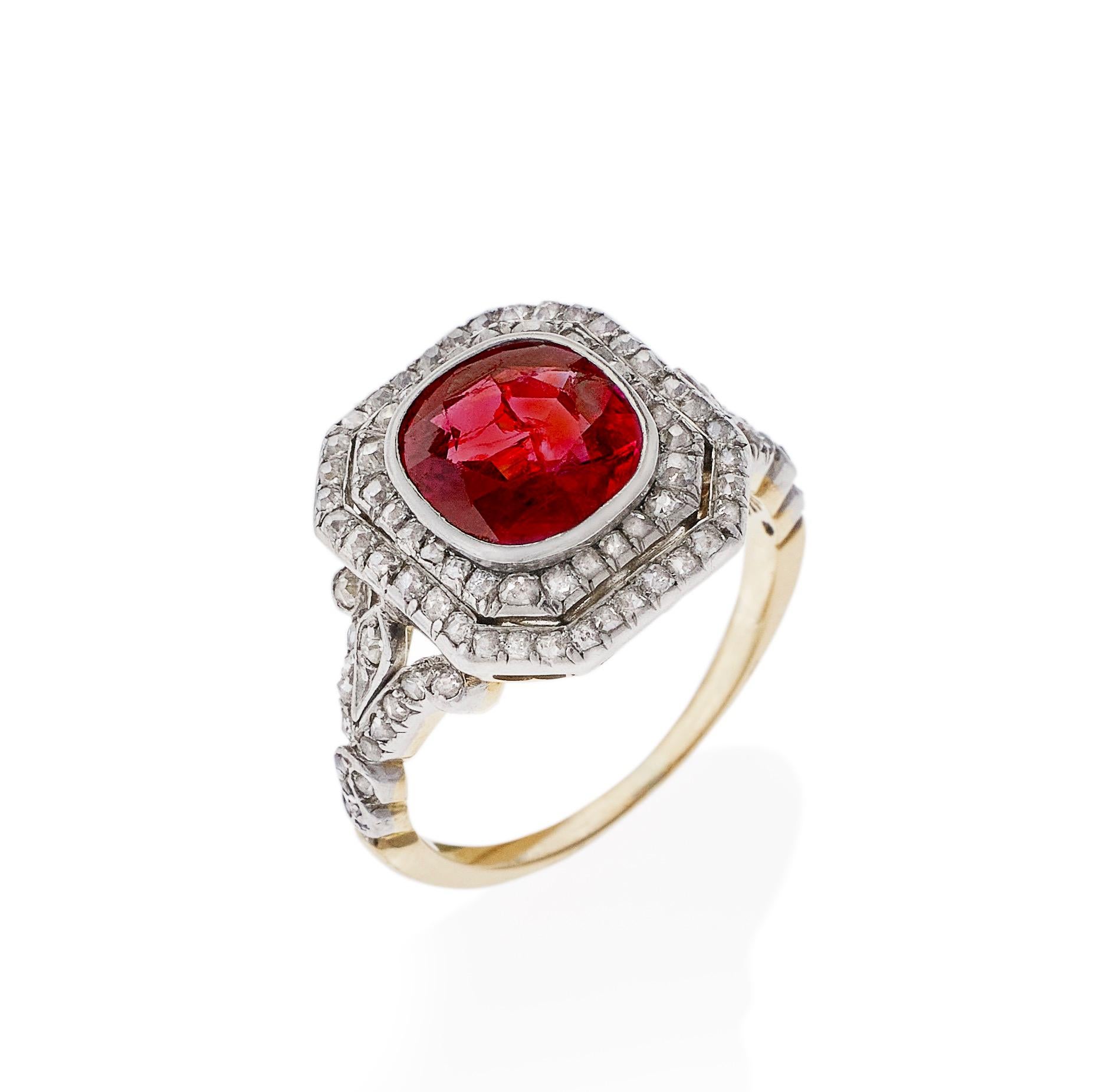 Edwardian Burma SSEF No-Heat Ruby and Old Mine-Cut Diamond Ring For Sale