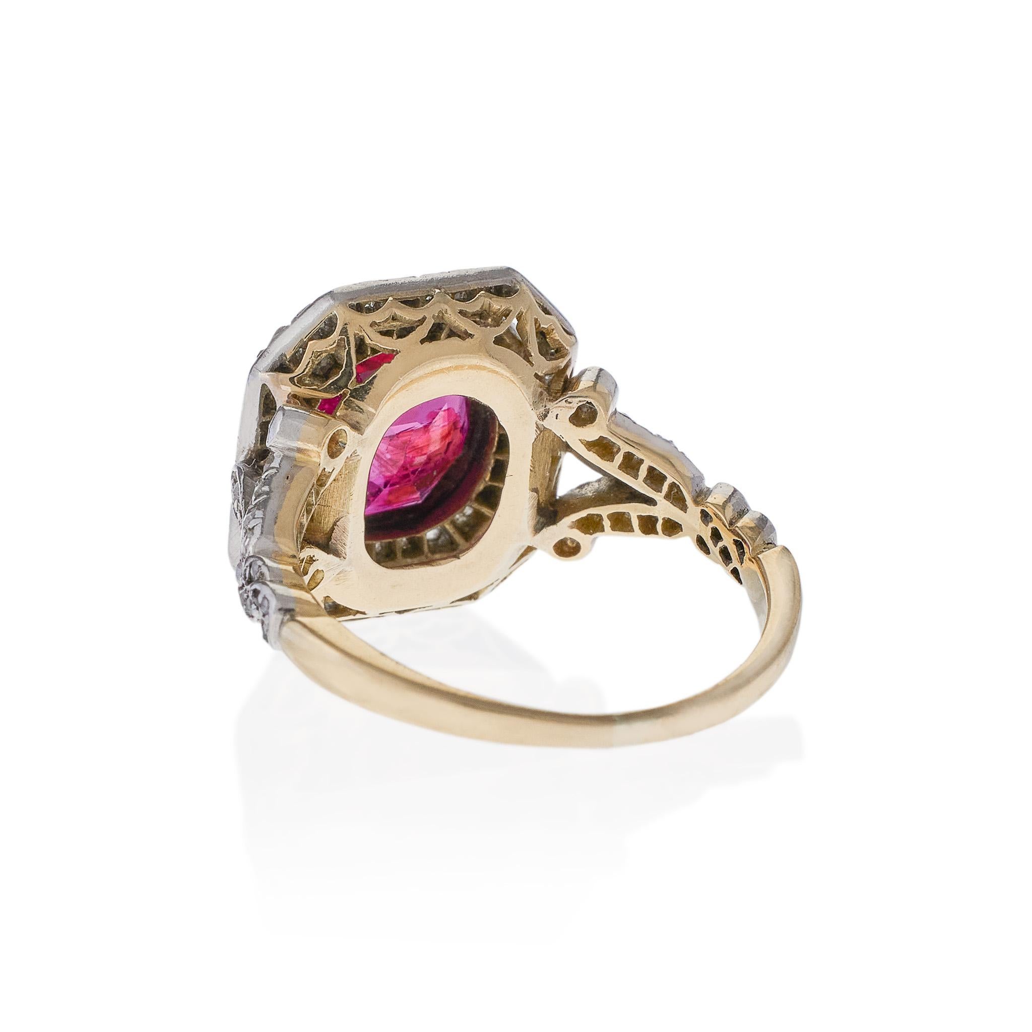 Burma SSEF No-Heat Ruby and Old Mine-Cut Diamond Ring In Excellent Condition For Sale In New York, NY