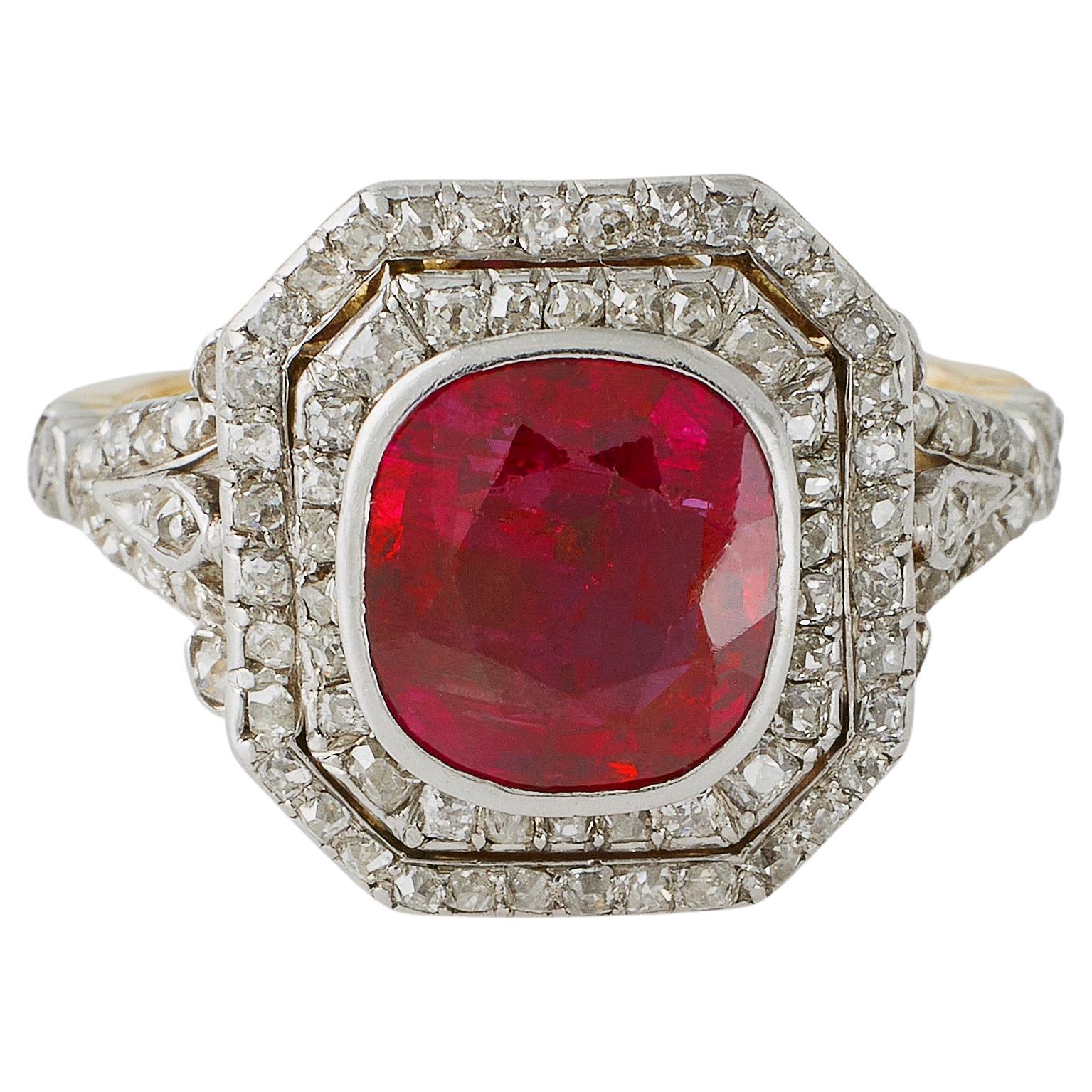 Burma SSEF No-Heat Ruby and Old Mine-Cut Diamond Ring For Sale