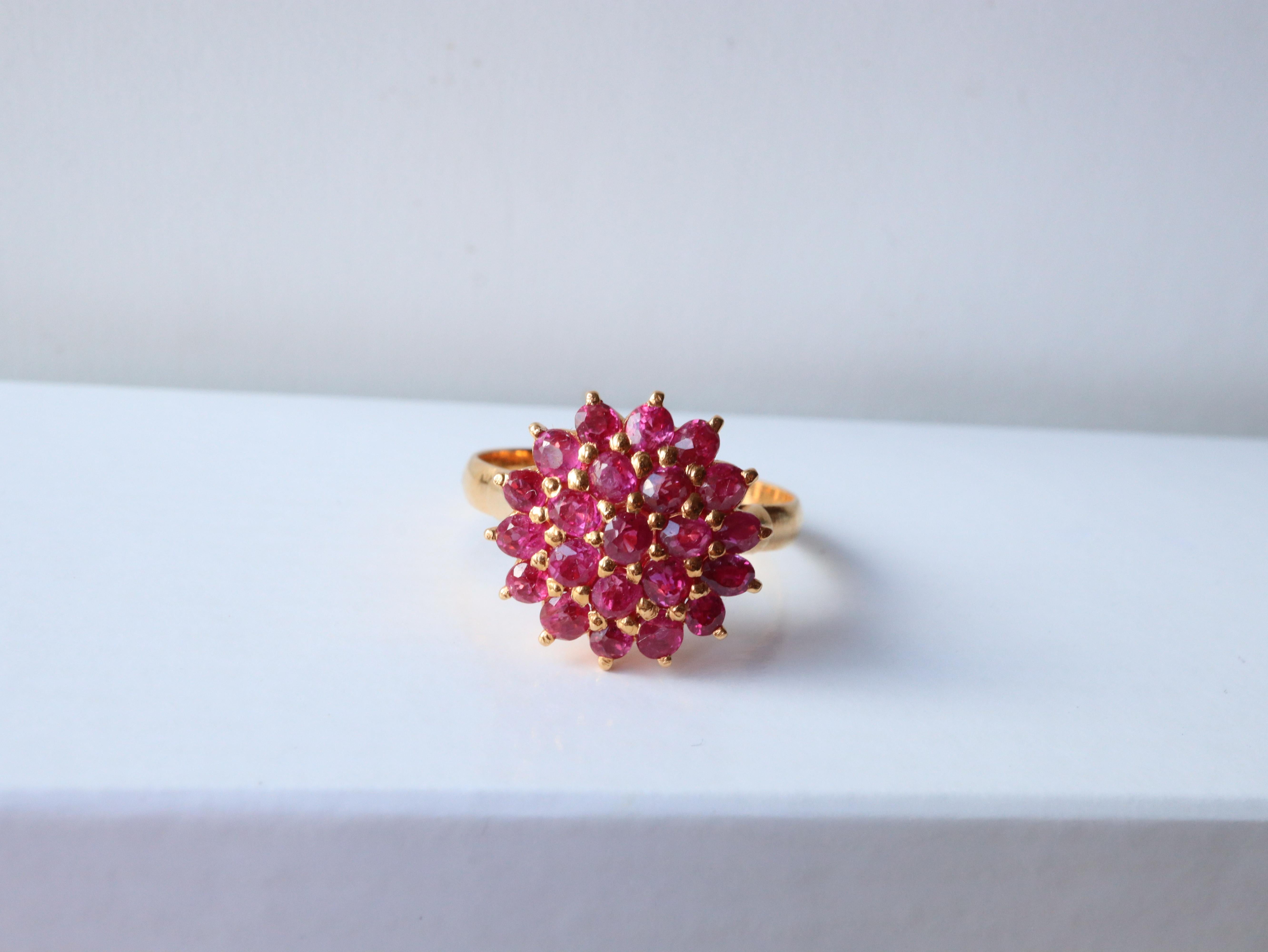 Art Deco Burma Unheated Pinkish Red flower ruby ring in 18k solid gold