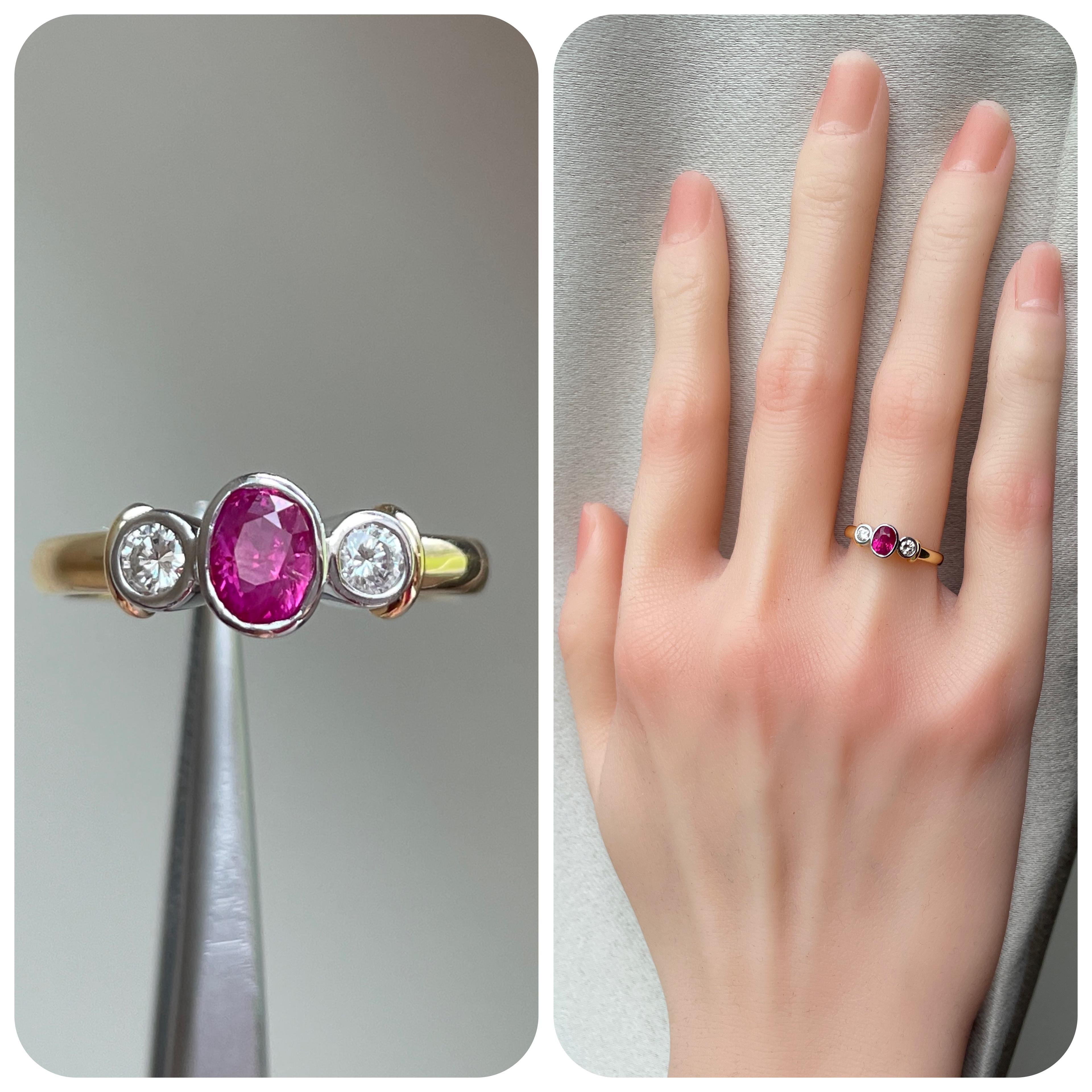 Anello con rubino non riscaldato della Birmania e diamanti naturali in oro giallo 18 carati in vendita 2