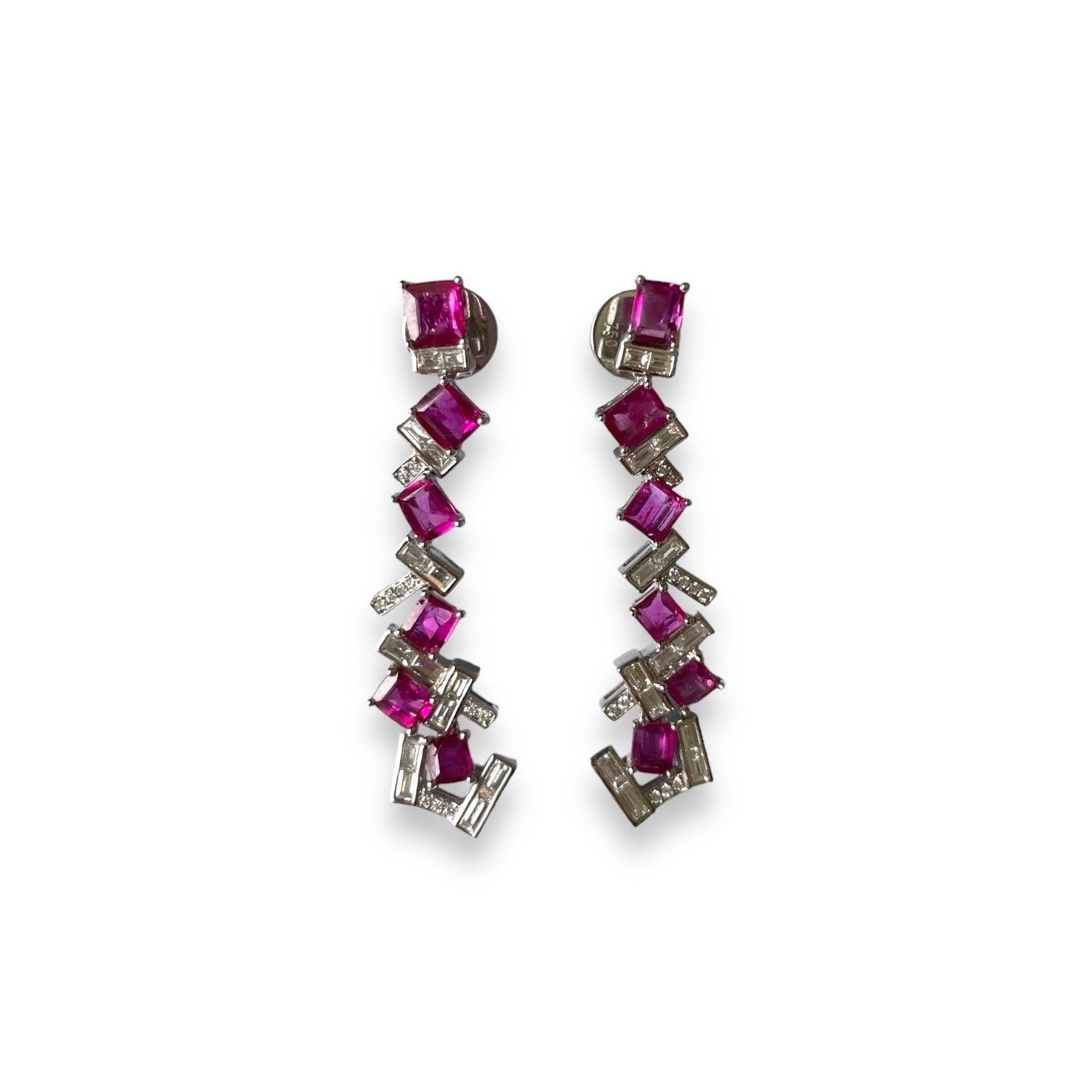 Burma Unheated Ruby Cluster Drop Earring in 18k white Gold