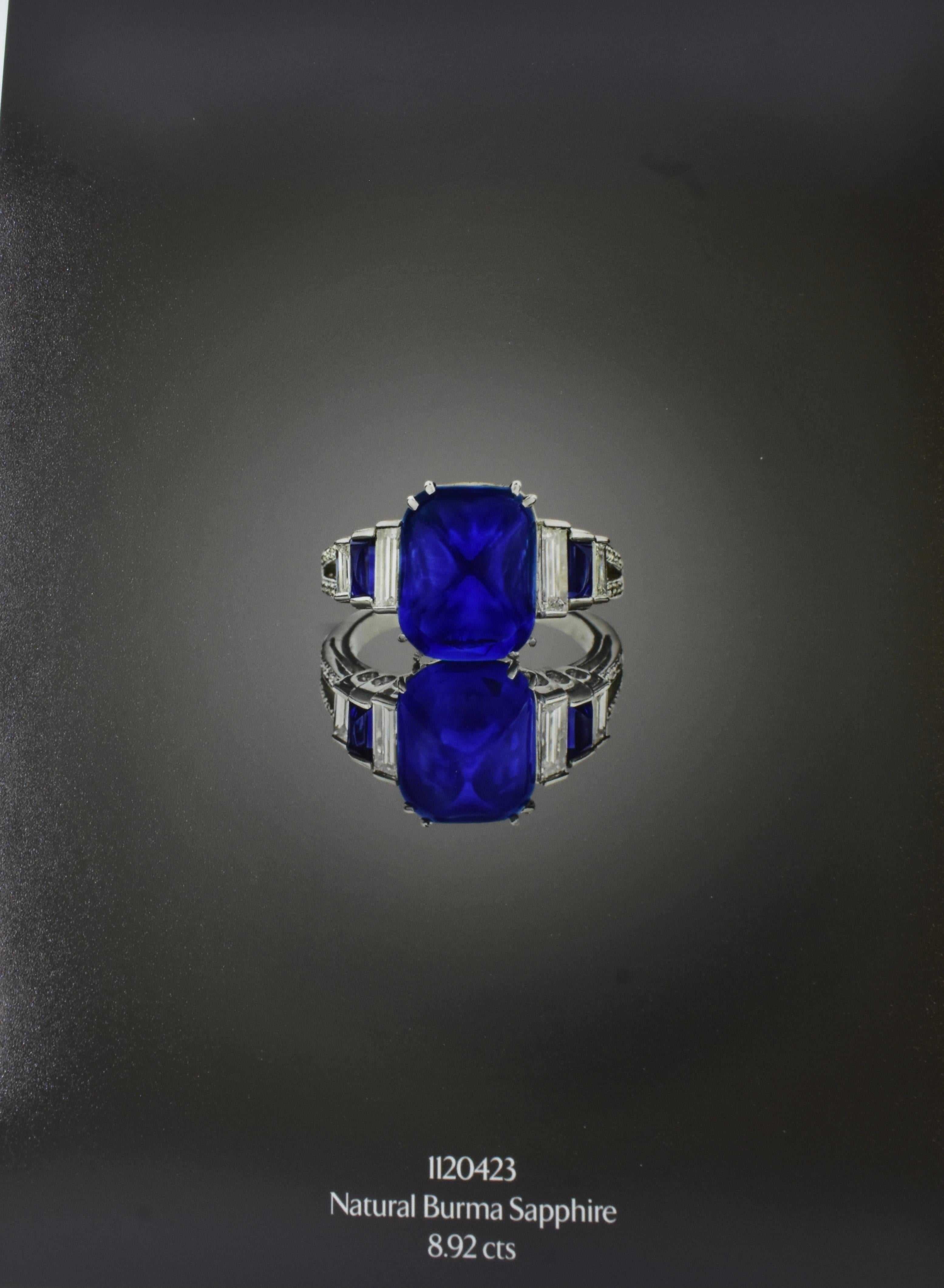 Burma Unheated Sapphire, 8.92 ct. AGL Certified Diamond Art Deco Platinum Ring 2