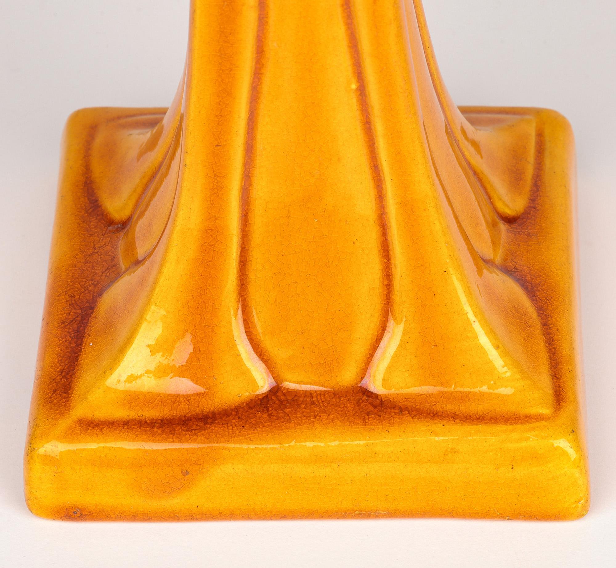 Burmantofts Faience Column Form Yellow Glazed Art Pottery Candlestick 3