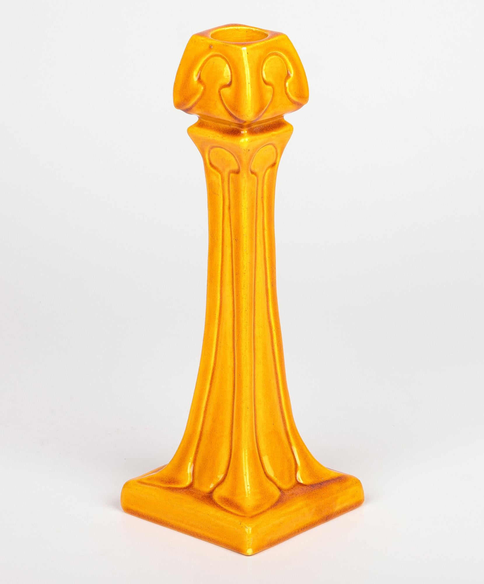Burmantofts Faience Column Form Yellow Glazed Art Pottery Candlestick 7