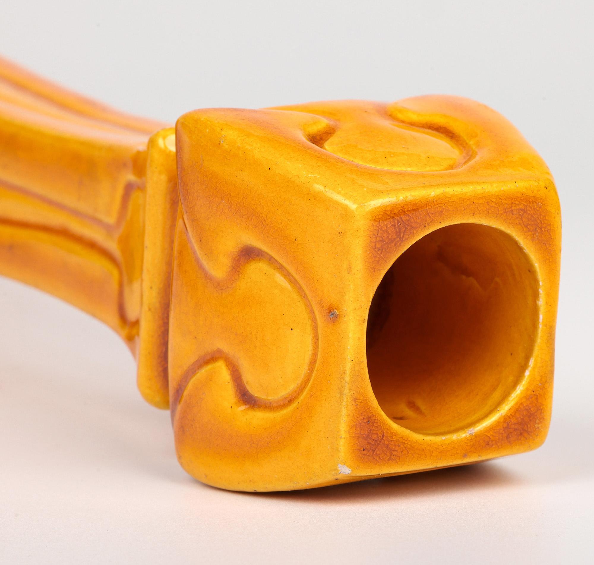 Burmantofts Faience Column Form Yellow Glazed Art Pottery Candlestick 8