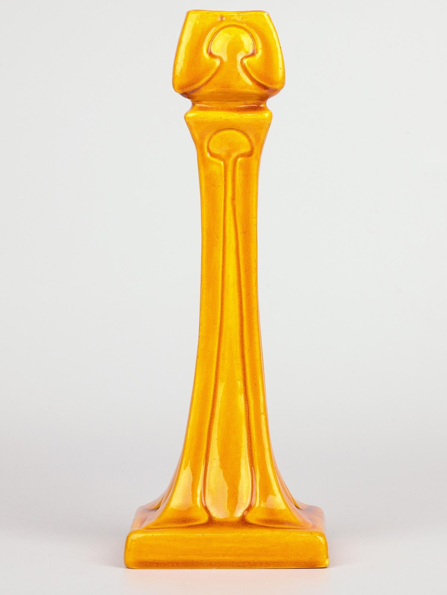 Burmantofts Faience Column Form Yellow Glazed Art Pottery Candlestick 10