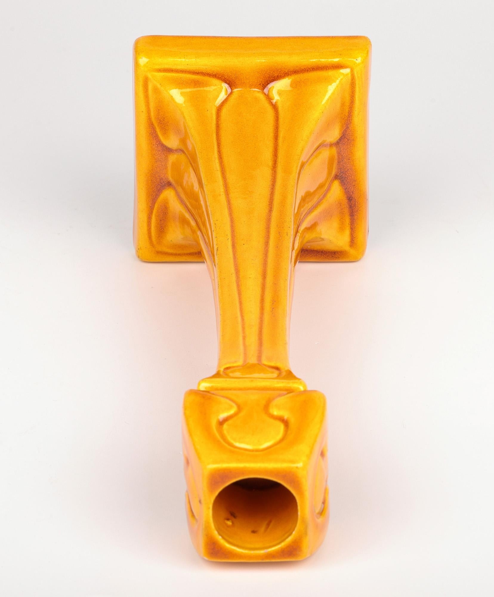 Burmantofts Faience Column Form Yellow Glazed Art Pottery Candlestick 12