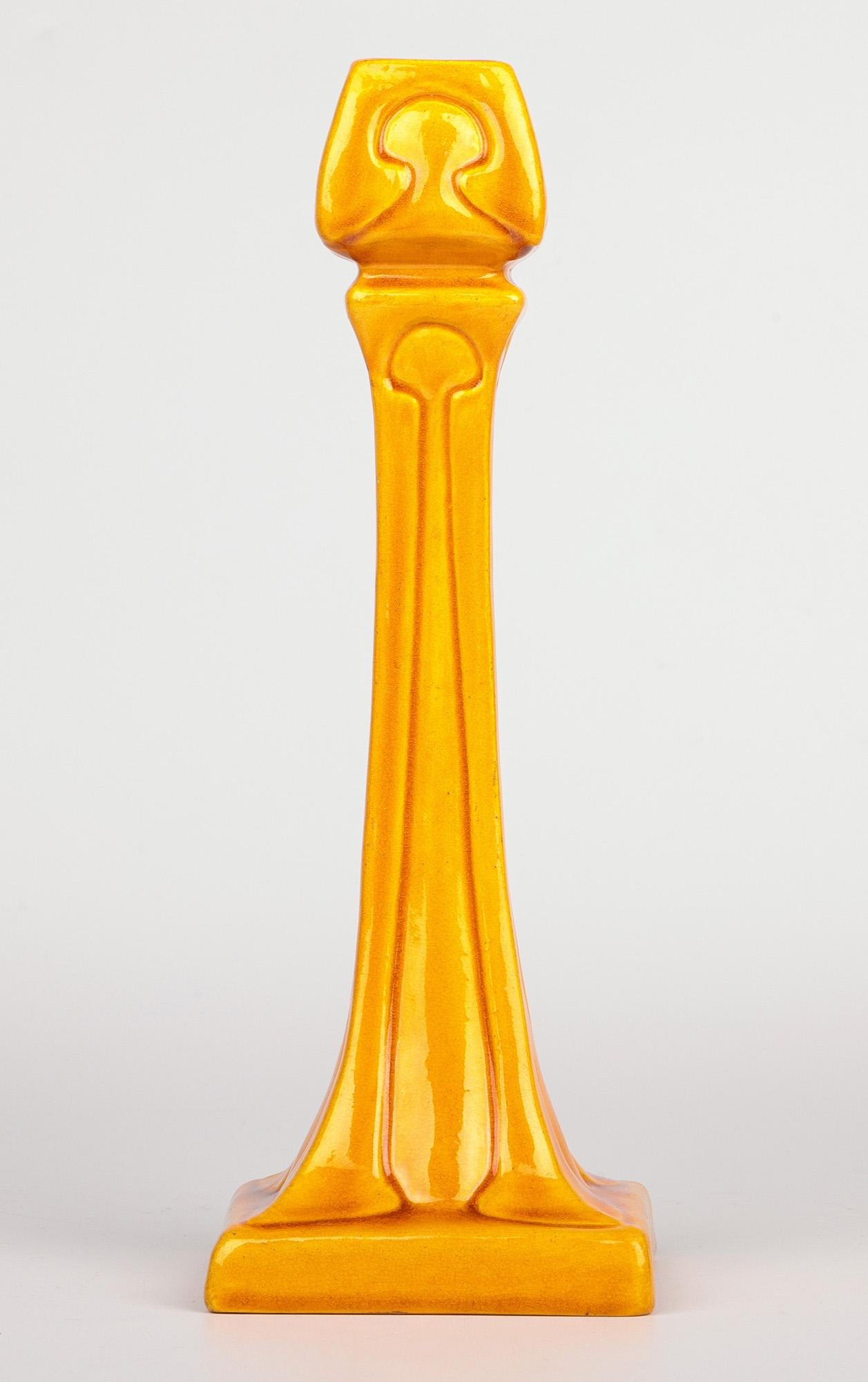 Burmantofts Faience Column Form Yellow Glazed Art Pottery Candlestick 13