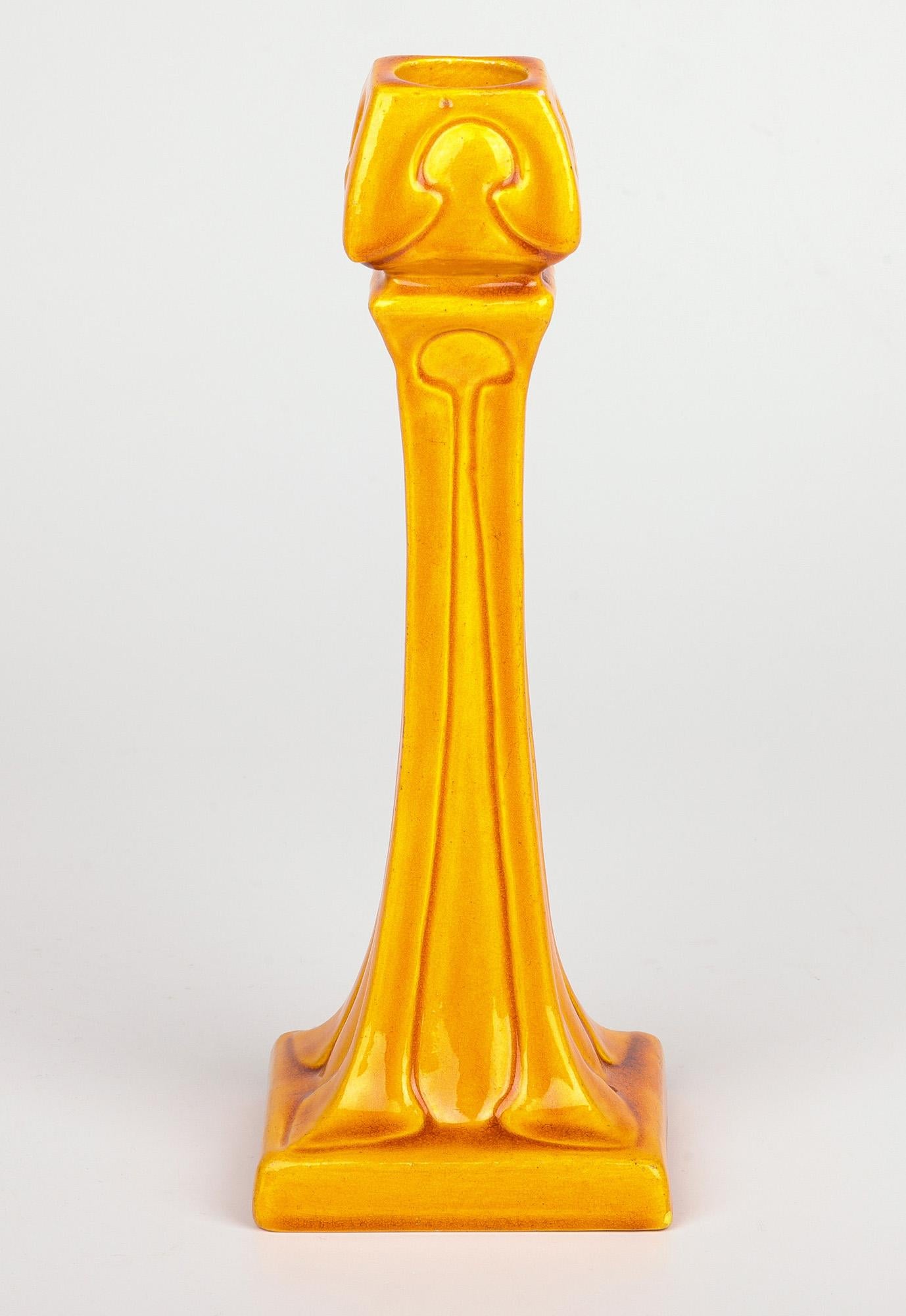 Gothic Revival Burmantofts Faience Column Form Yellow Glazed Art Pottery Candlestick