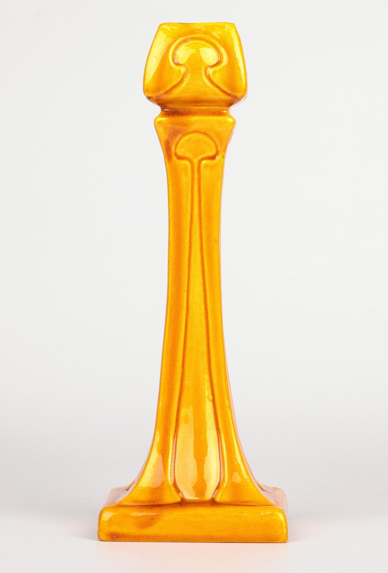 Burmantofts Faience Column Form Yellow Glazed Art Pottery Candlestick In Good Condition In Bishop's Stortford, Hertfordshire