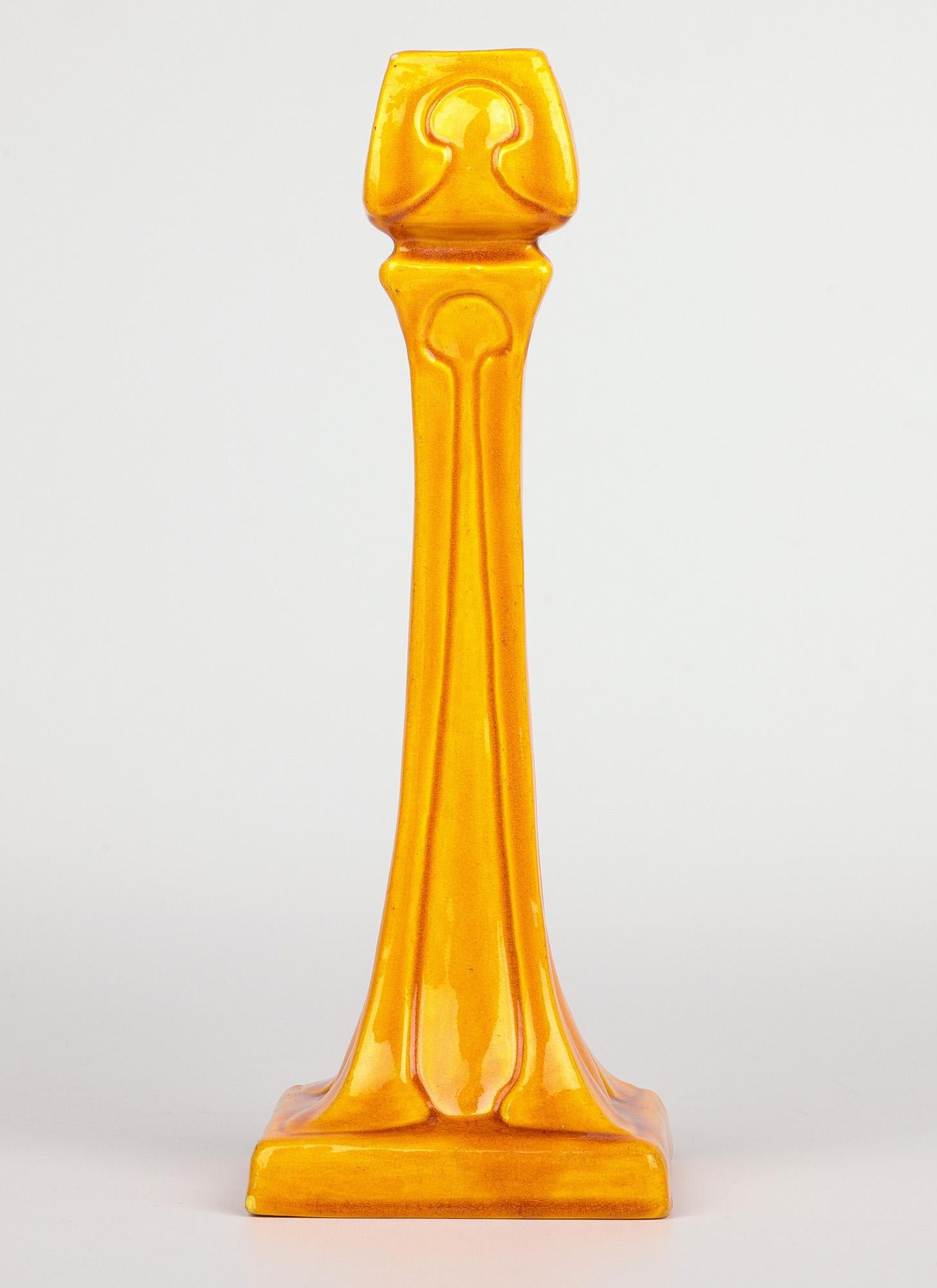 Burmantofts Faience Column Form Yellow Glazed Art Pottery Candlestick 1