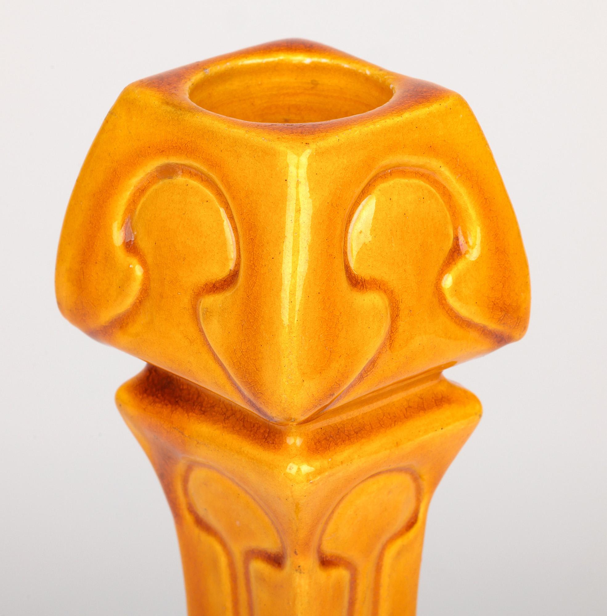 Burmantofts Faience Column Form Yellow Glazed Art Pottery Candlestick 2