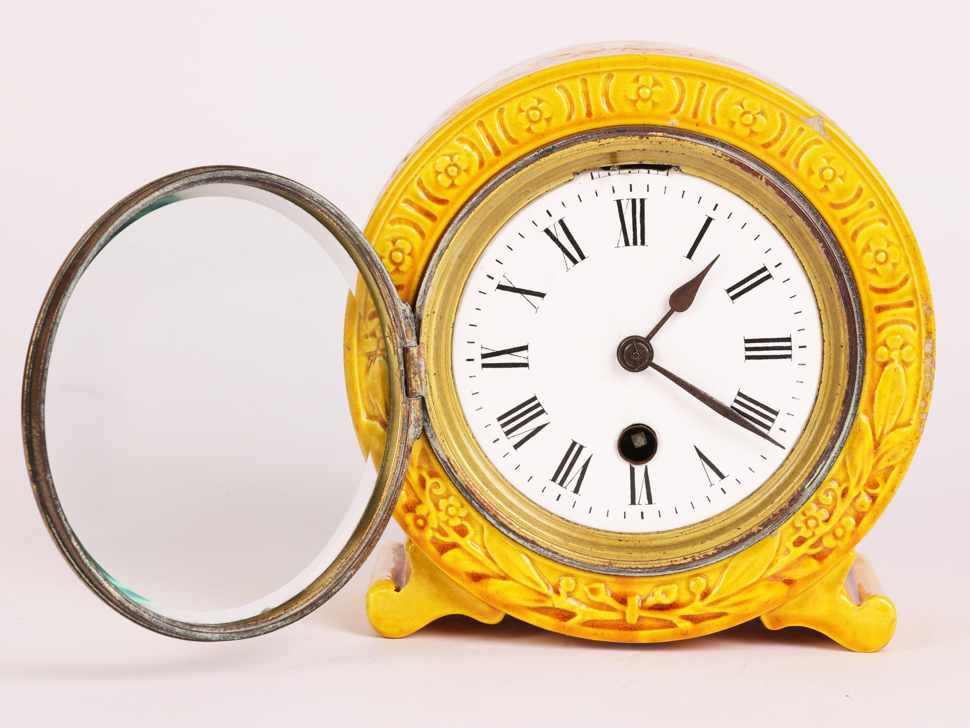 Burmantofts Faience Foliate Design Yellow Glazed Art Pottery Mantle Clock For Sale 4