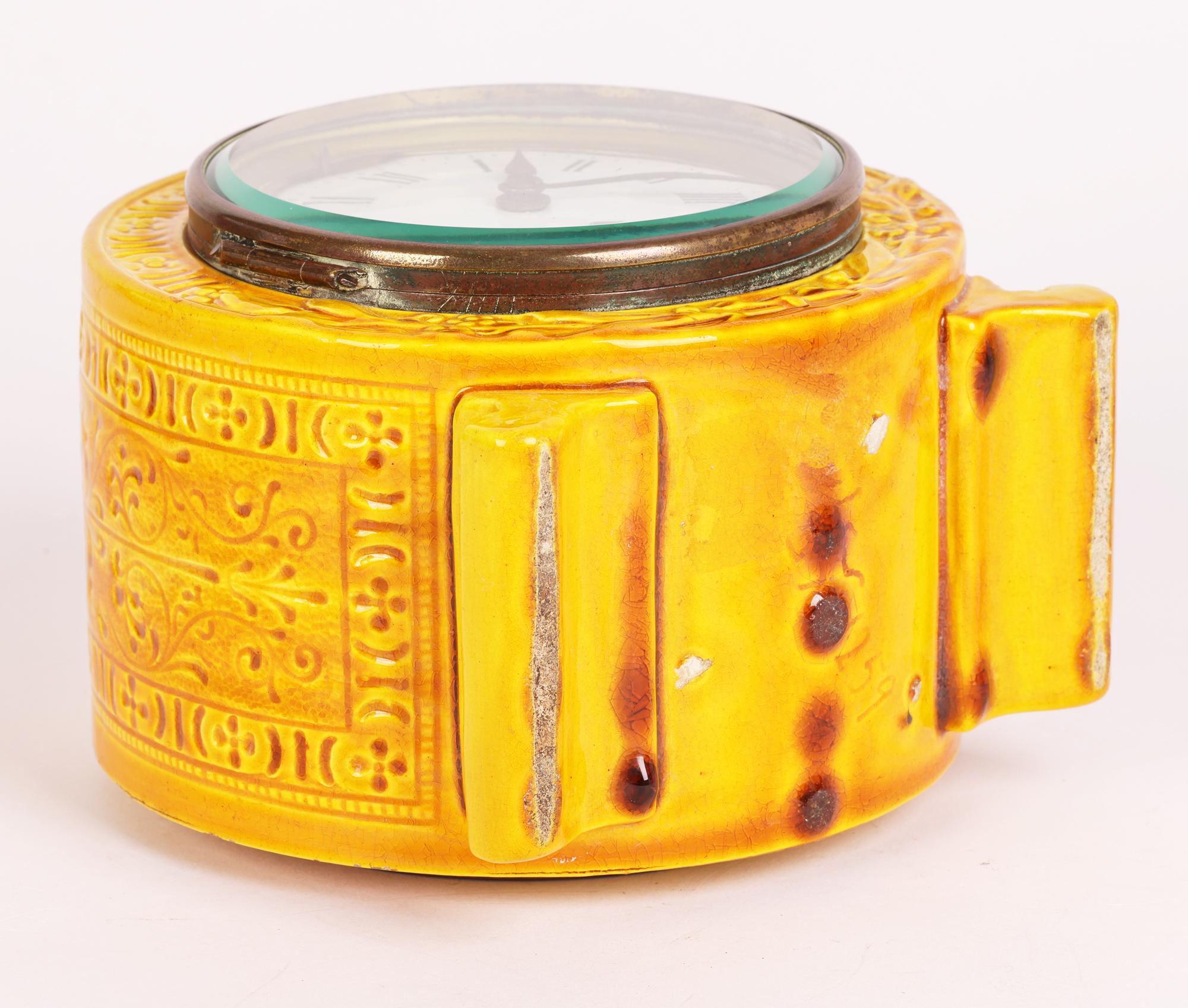 Burmantofts Faience Foliate Design Yellow Glazed Art Pottery Mantle Clock For Sale 8
