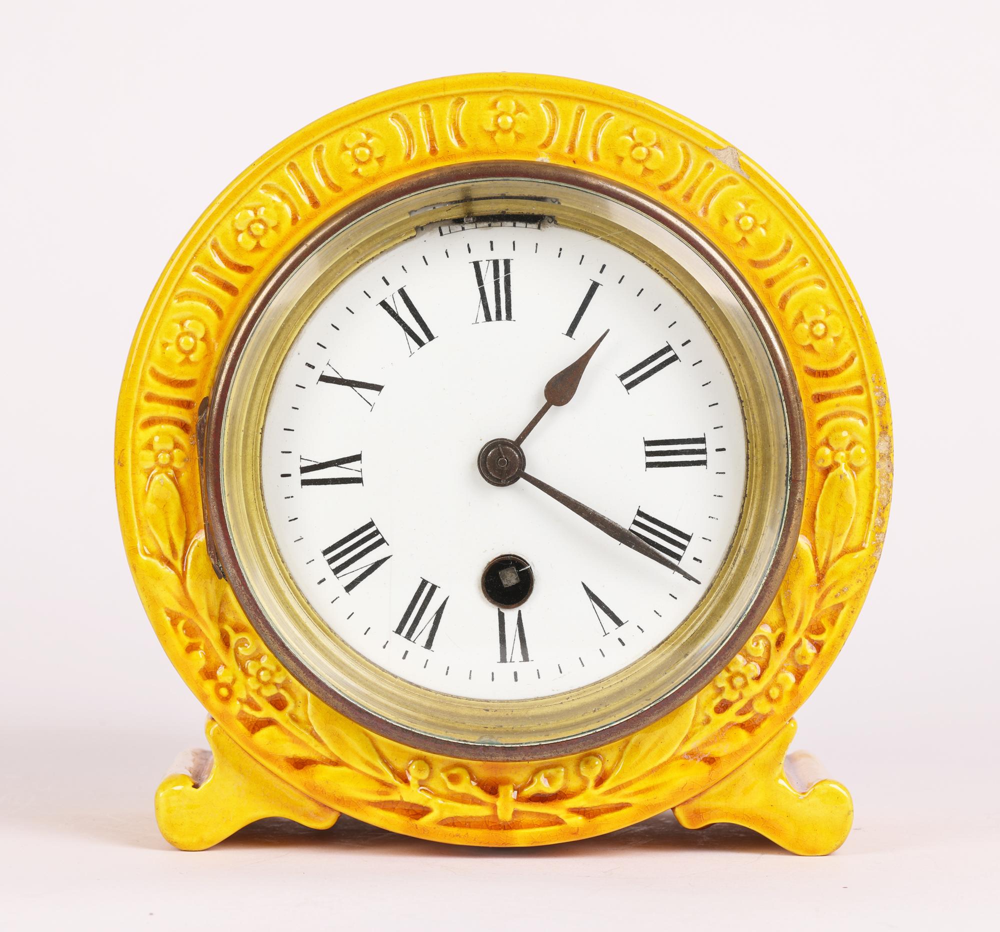 Burmantofts Faience Foliate Design Yellow Glazed Art Pottery Mantle Clock For Sale 9