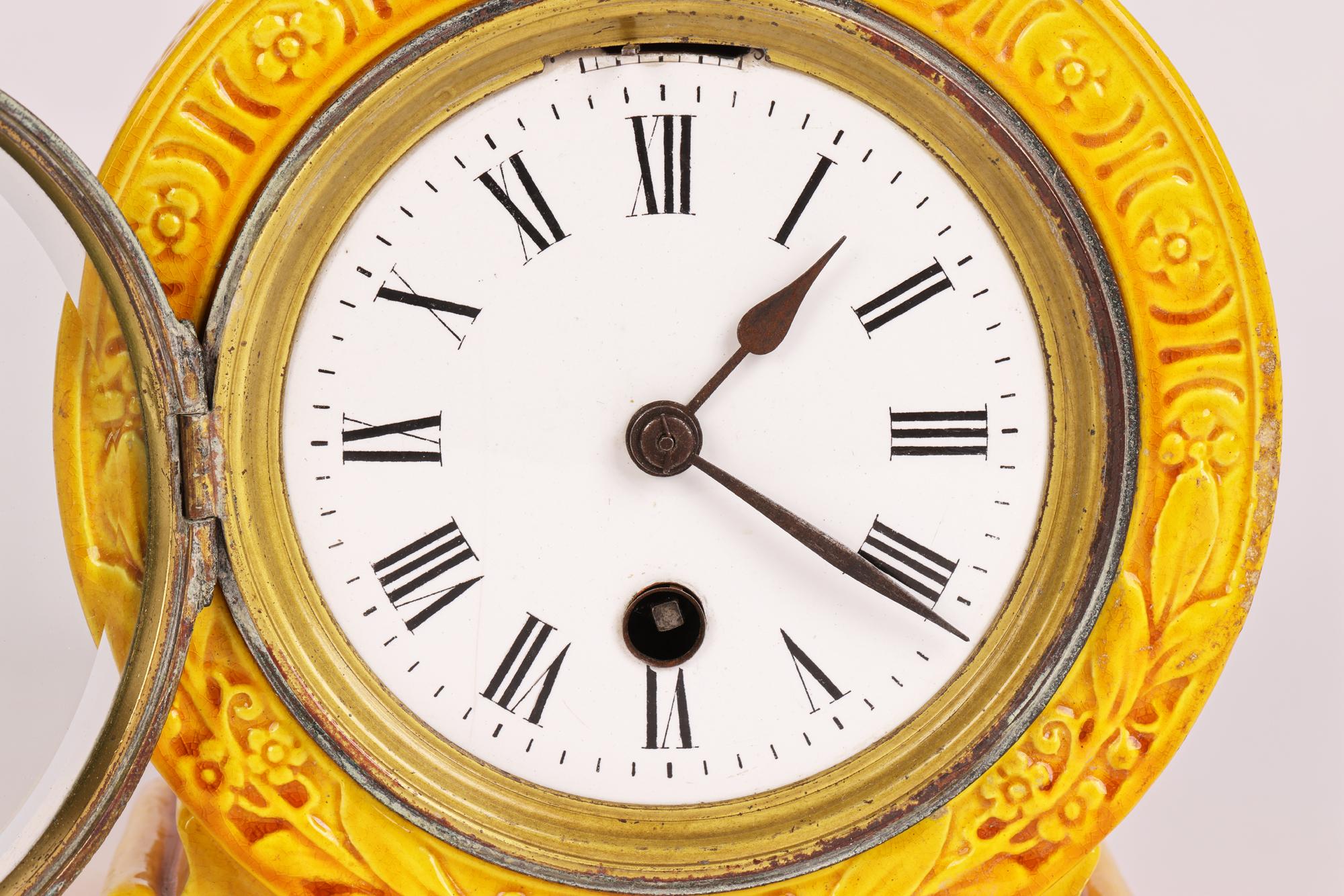 Art Deco Burmantofts Faience Foliate Design Yellow Glazed Art Pottery Mantle Clock For Sale