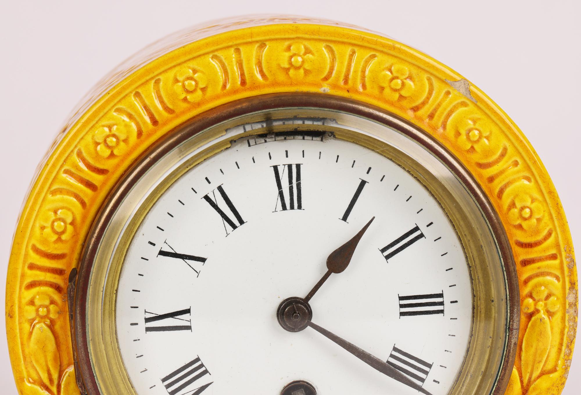 English Burmantofts Faience Foliate Design Yellow Glazed Art Pottery Mantle Clock For Sale