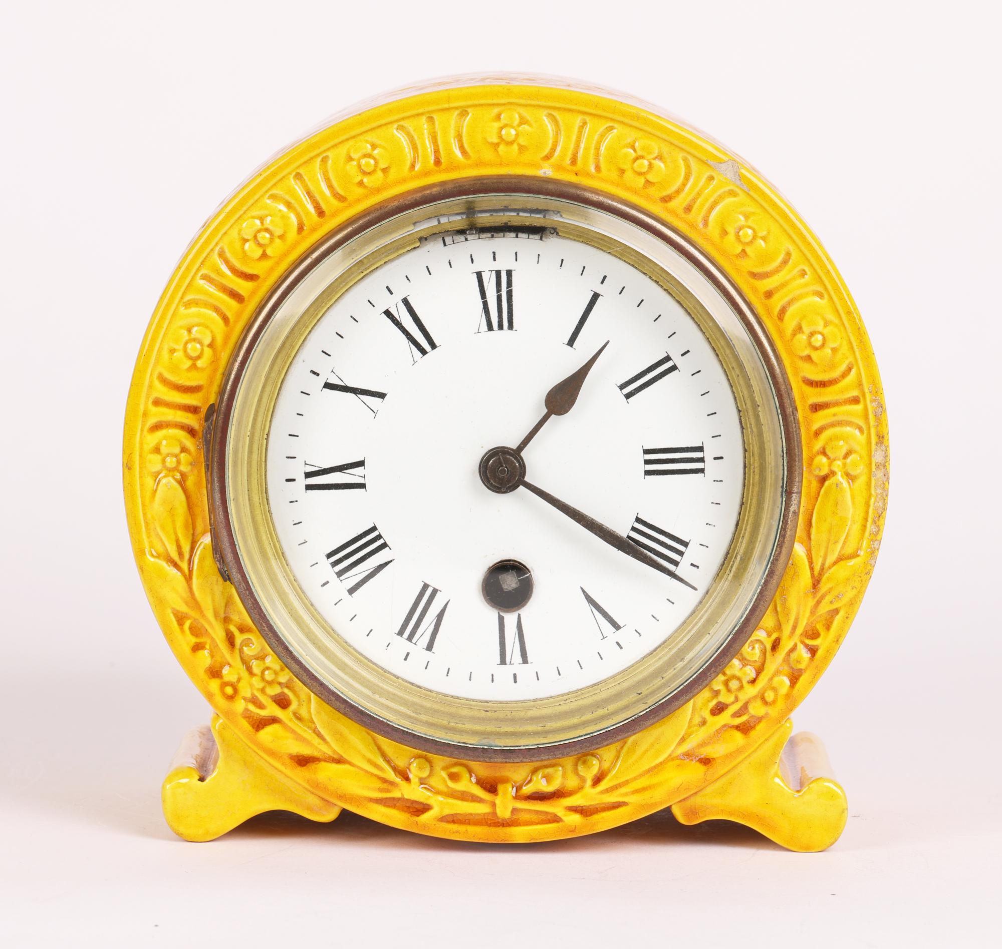 Burmantofts Faience Foliate Design Yellow Glazed Art Pottery Mantle Clock In Good Condition For Sale In Bishop's Stortford, Hertfordshire