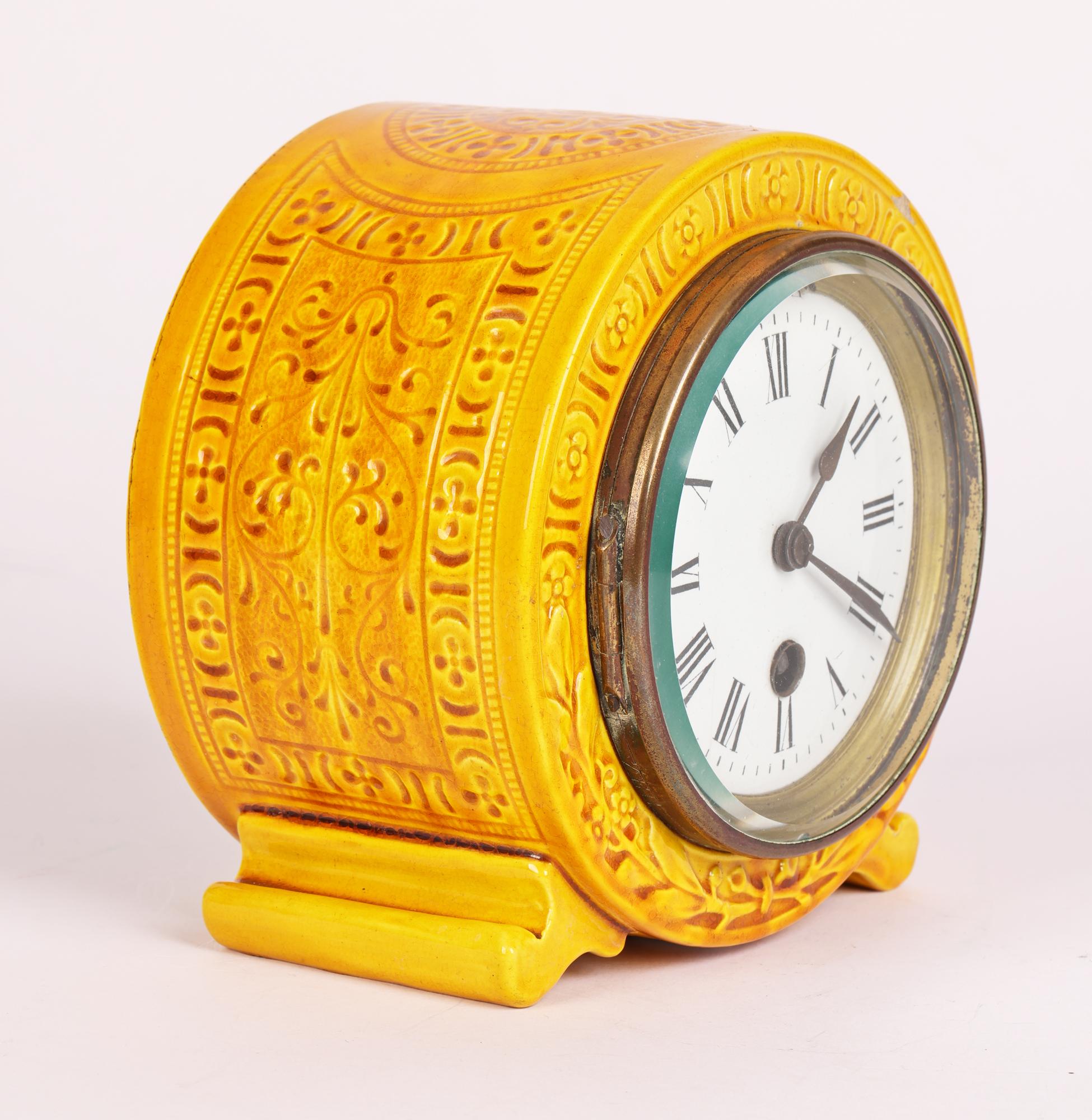 Burmantofts Faience Foliate Design Yellow Glazed Art Pottery Mantle Clock For Sale 1