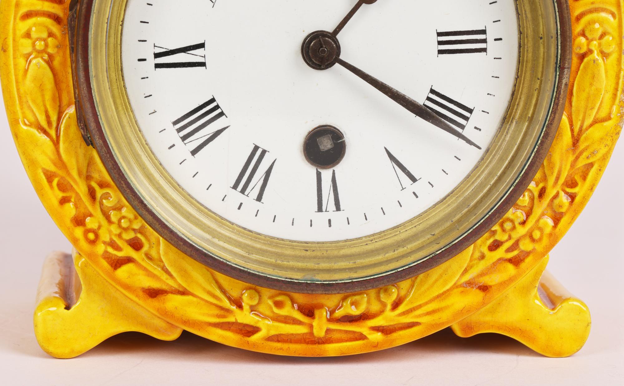 Burmantofts Faience Foliate Design Yellow Glazed Art Pottery Mantle Clock For Sale 2